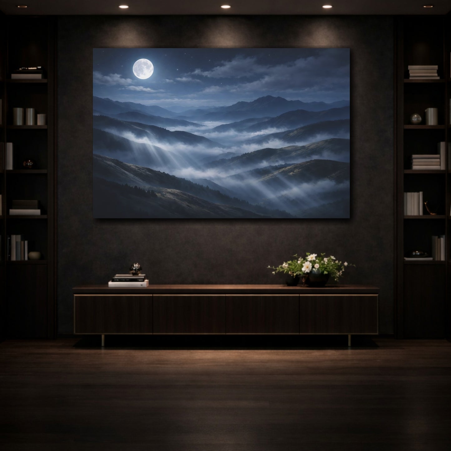 Mockup 4. Nature Moonlit Mountains Blue Mountain Fog shown as stretched canvas wall art
