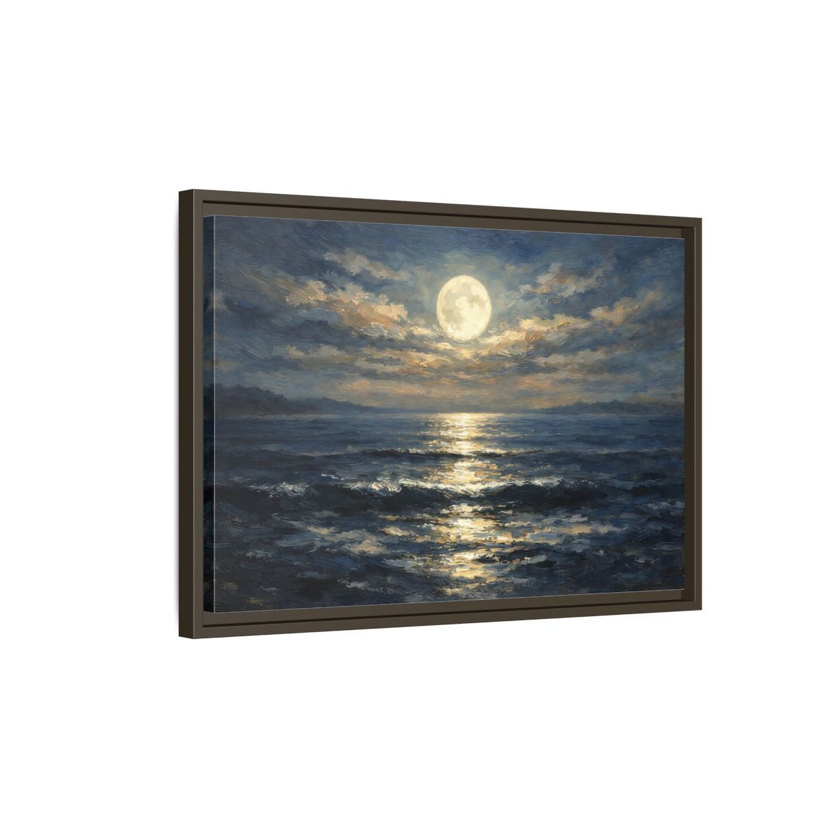 Side Mockup 2. Nature Moonlit Ocean Moonlit Ocean Blue shown as stretched canvas wall art