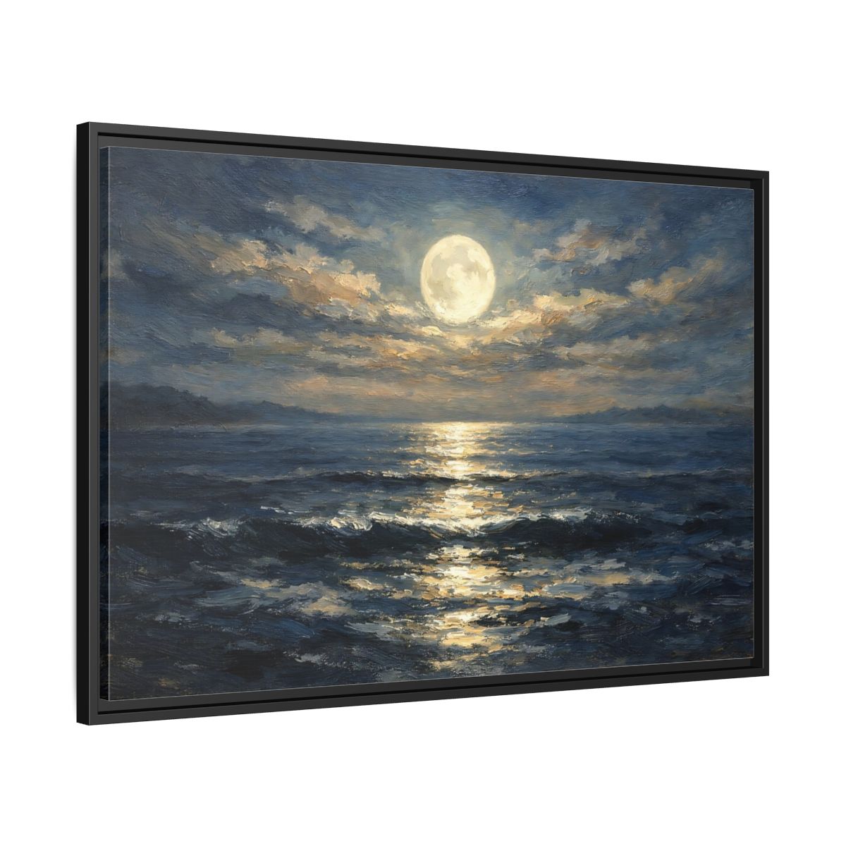 Side Mockup 13. Nature Moonlit Ocean Moonlit Ocean Blue shown as stretched canvas wall art