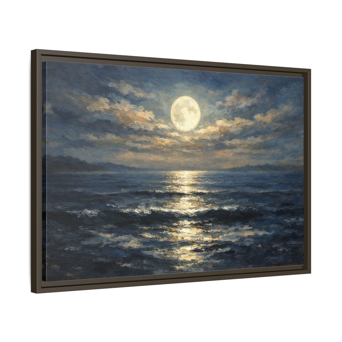 Side Mockup 11. Nature Moonlit Ocean Moonlit Ocean Blue shown as stretched canvas wall art