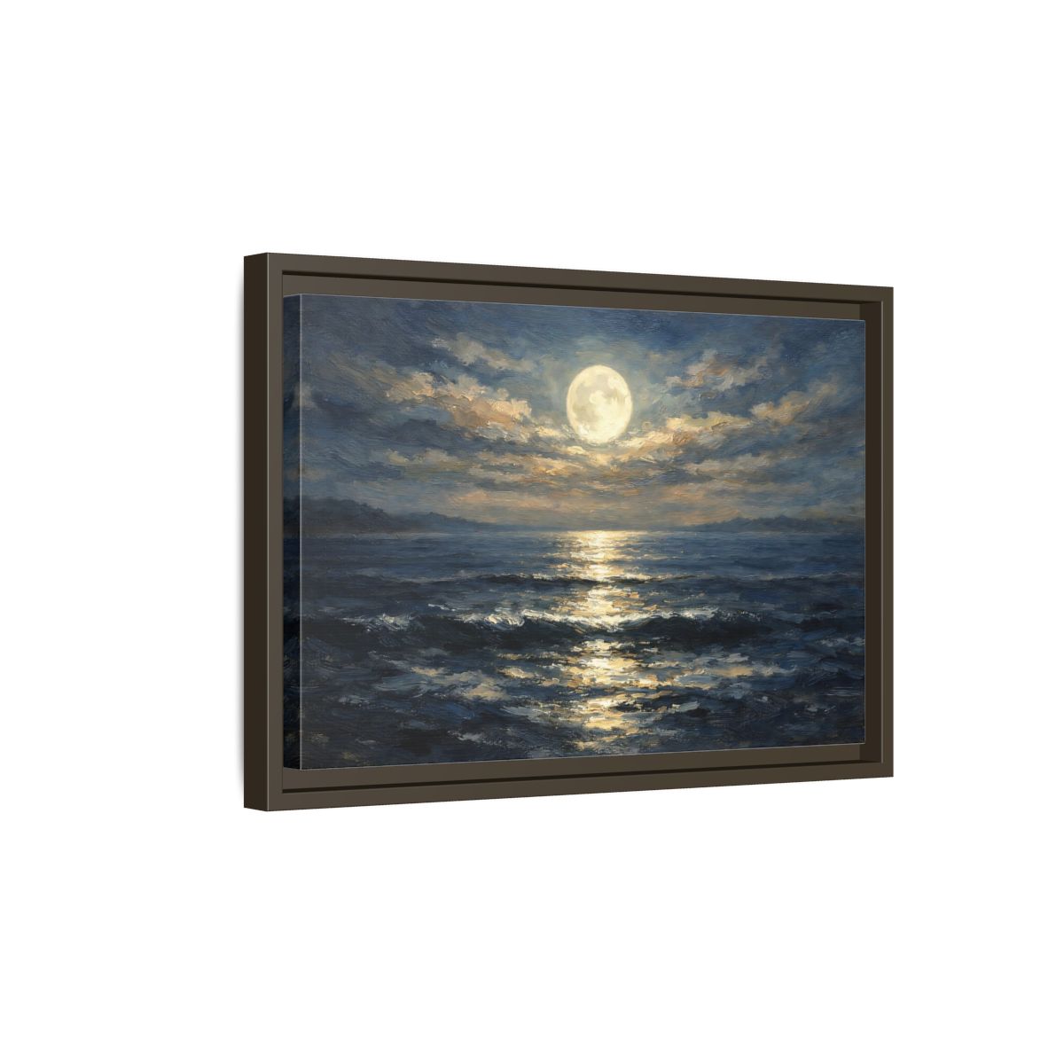 Side Mockup 5. Nature Moonlit Ocean Moonlit Ocean Blue shown as stretched canvas wall art