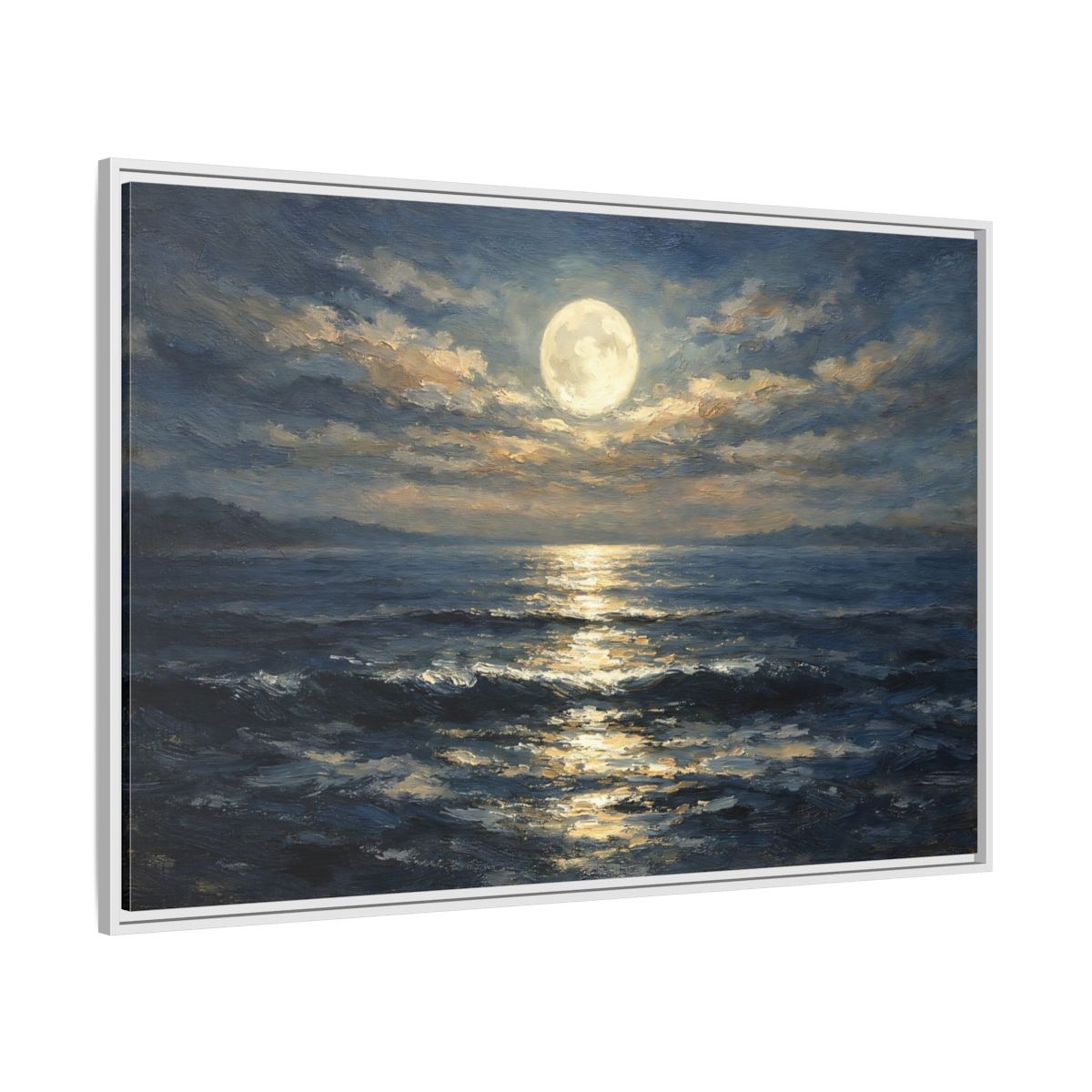 Side Mockup 7. Nature Moonlit Ocean Moonlit Ocean Blue shown as stretched canvas wall art