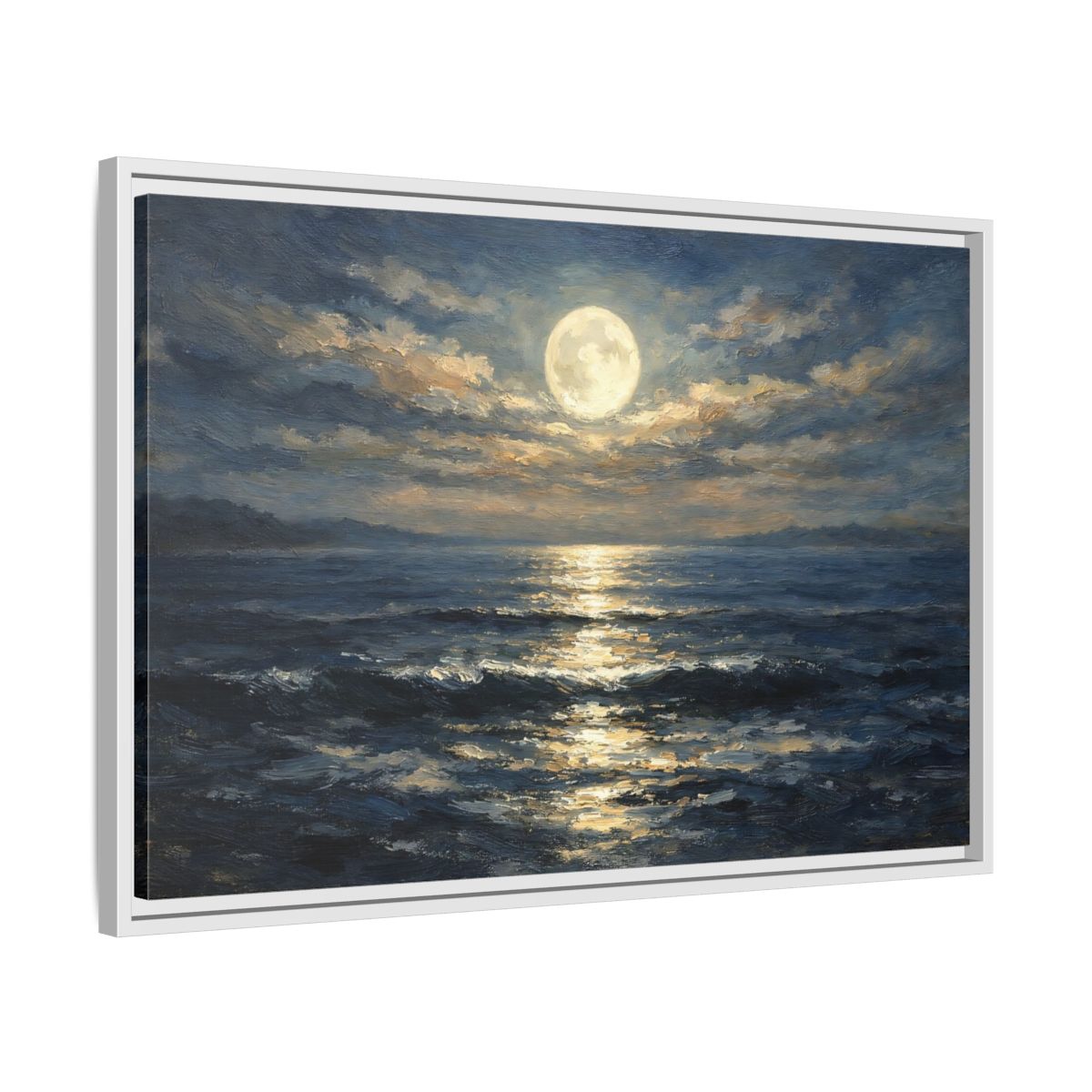 Side Mockup 10. Nature Moonlit Ocean Moonlit Ocean Blue shown as stretched canvas wall art