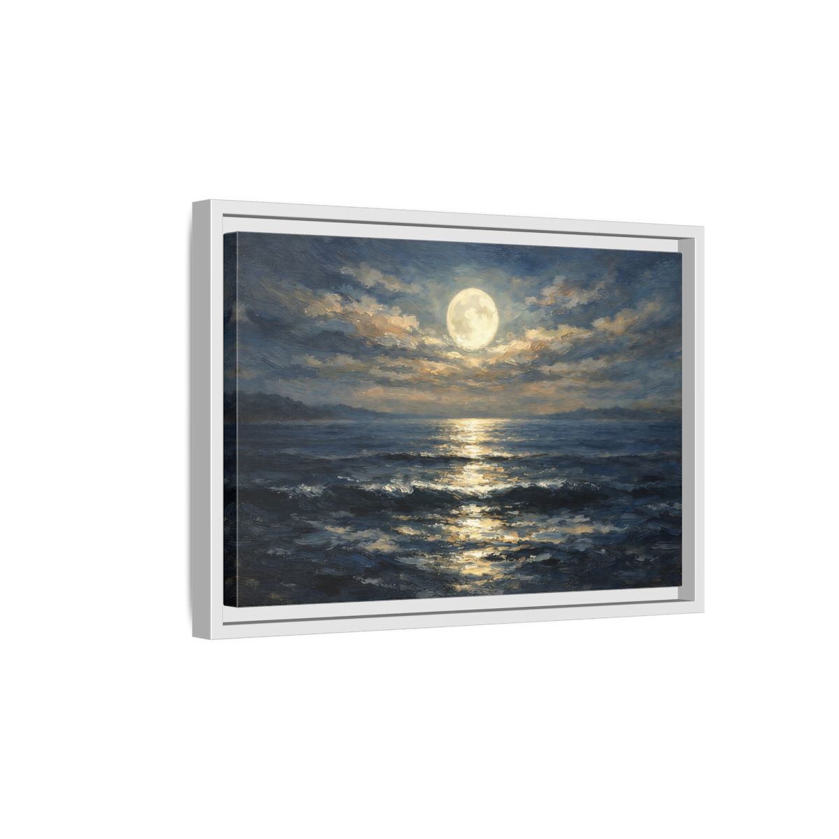 Side Mockup 4. Nature Moonlit Ocean Moonlit Ocean Blue shown as stretched canvas wall art