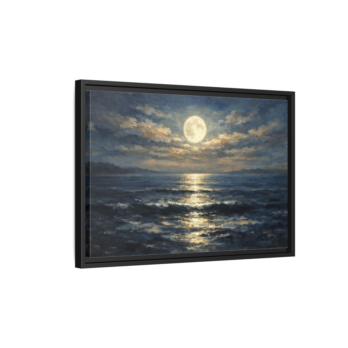Side Mockup 3. Nature Moonlit Ocean Moonlit Ocean Blue shown as stretched canvas wall art