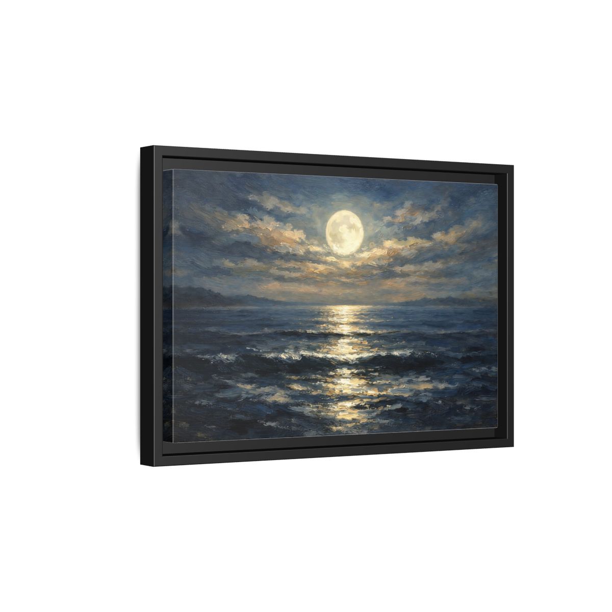 Side Mockup 6. Nature Moonlit Ocean Moonlit Ocean Blue shown as stretched canvas wall art