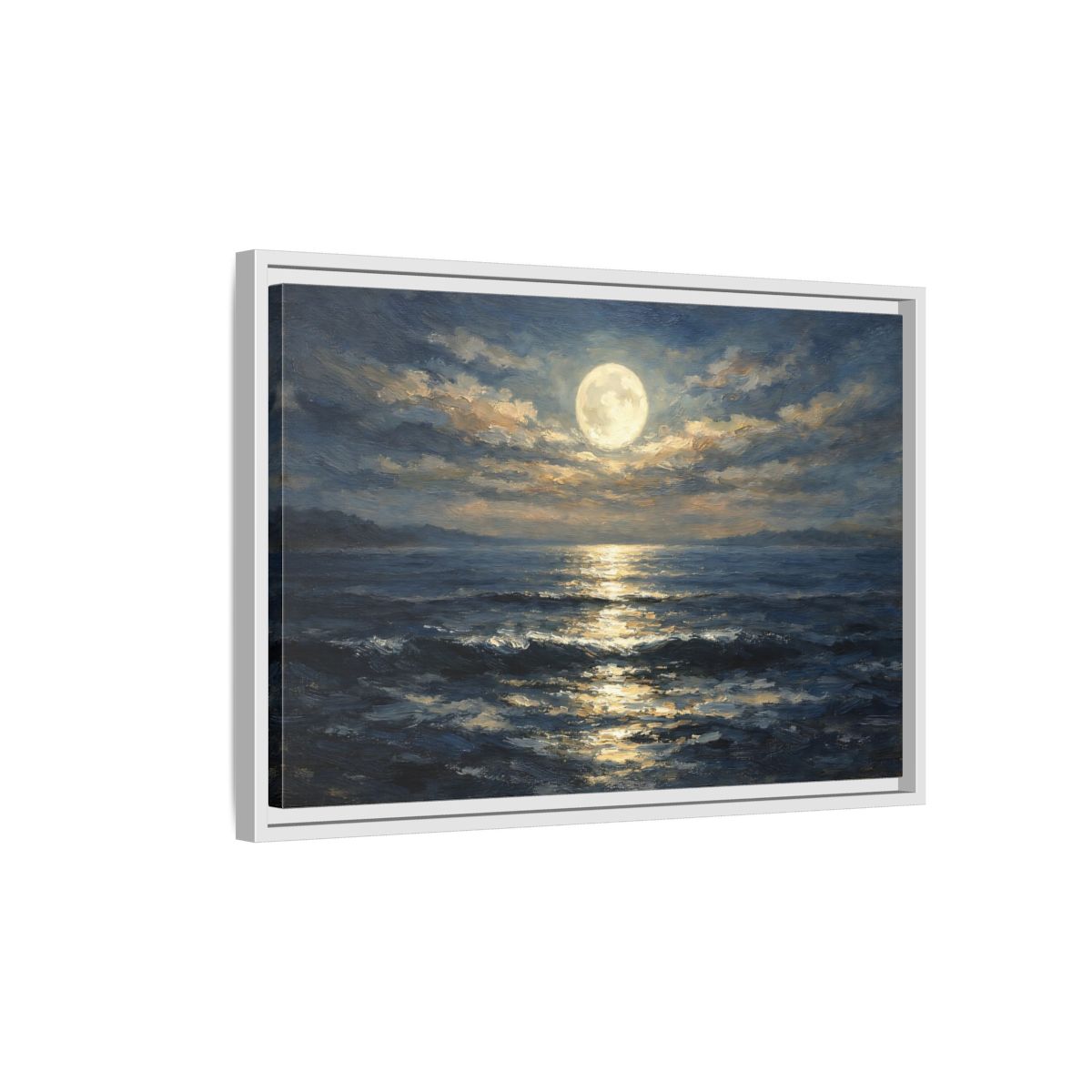 Side Mockup 1. Nature Moonlit Ocean Moonlit Ocean Blue shown as stretched canvas wall art