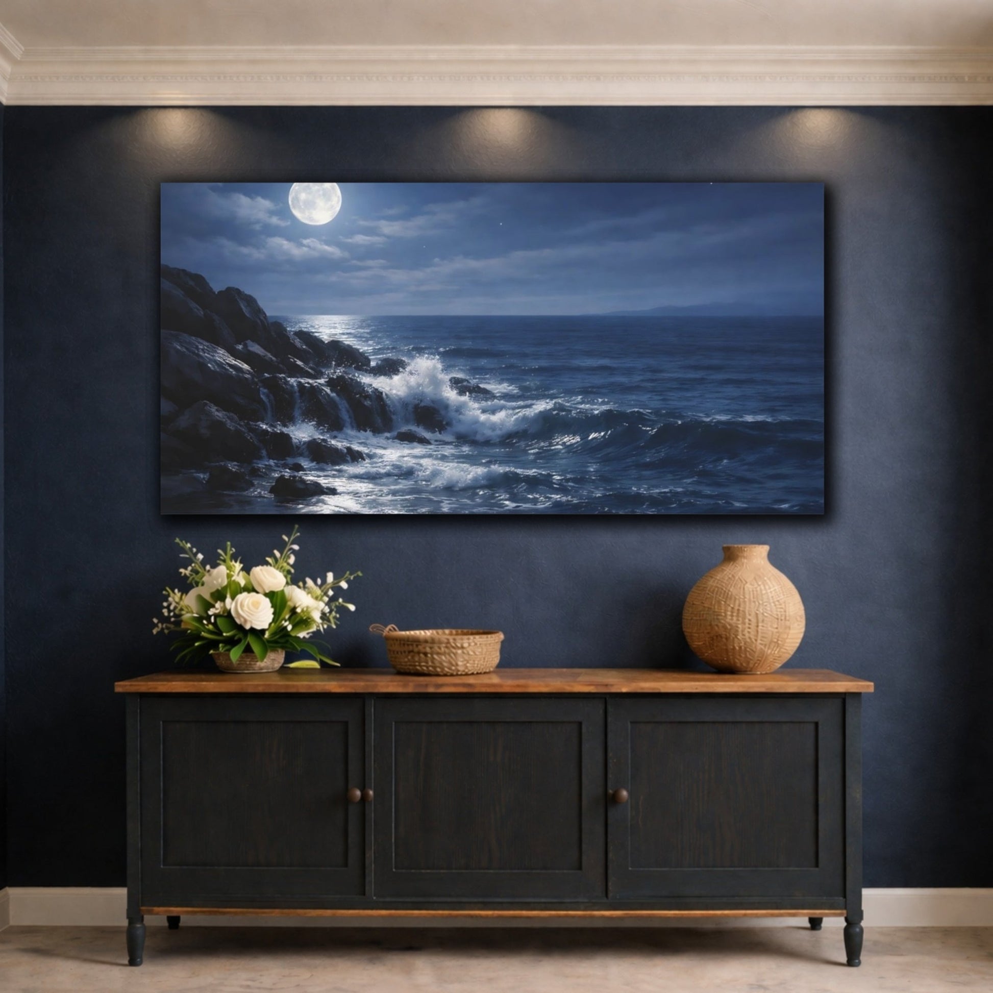 Nature Moonlit Ocean Blue Moon - Canvas Wall Art Print - YesArtYes