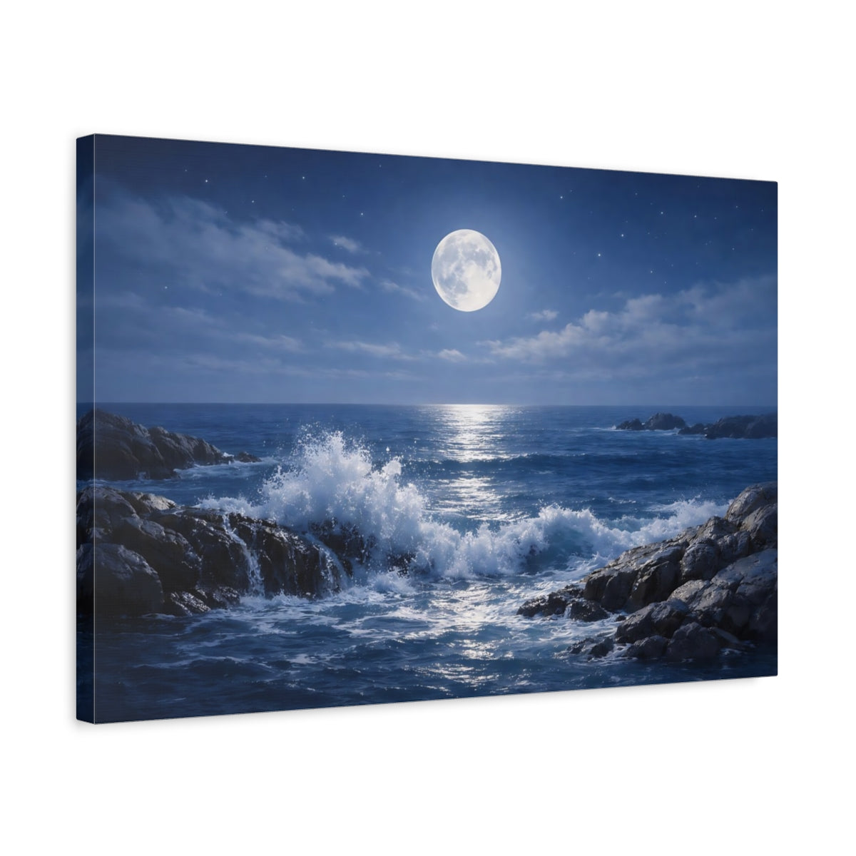 Side Mockup 3. Nature Moonlit Ocean Blue Ocean Moon shown as stretched canvas wall art