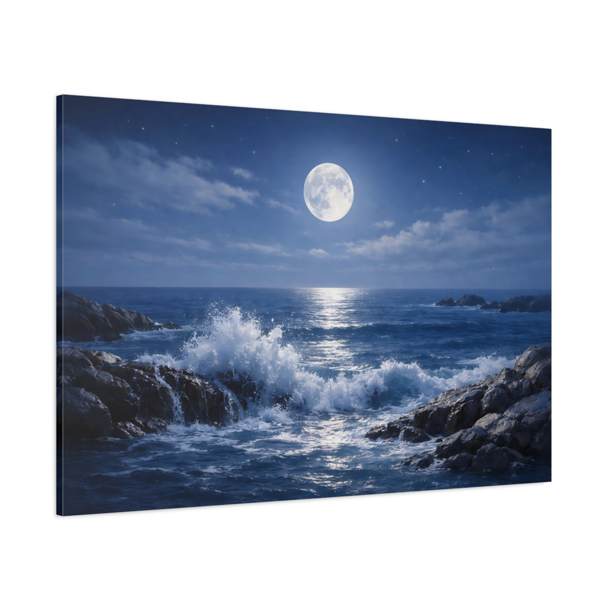 Side Mockup 1. Nature Moonlit Ocean Blue Ocean Moon shown as stretched canvas wall art