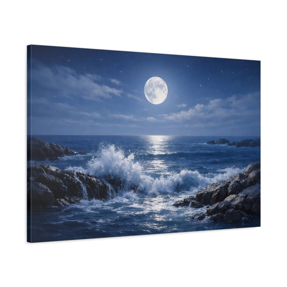 Main Mockup. Nature Moonlit Ocean Blue Ocean Moon shown as stretched canvas wall art