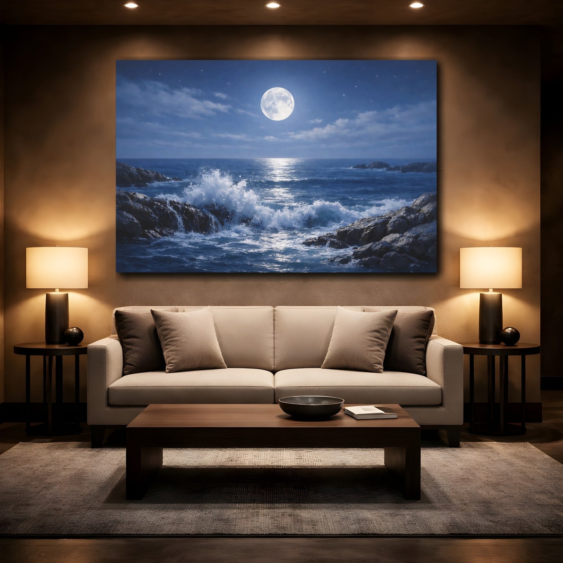Mockup 2. Nature Moonlit Ocean Blue Ocean Moon shown as stretched canvas wall art