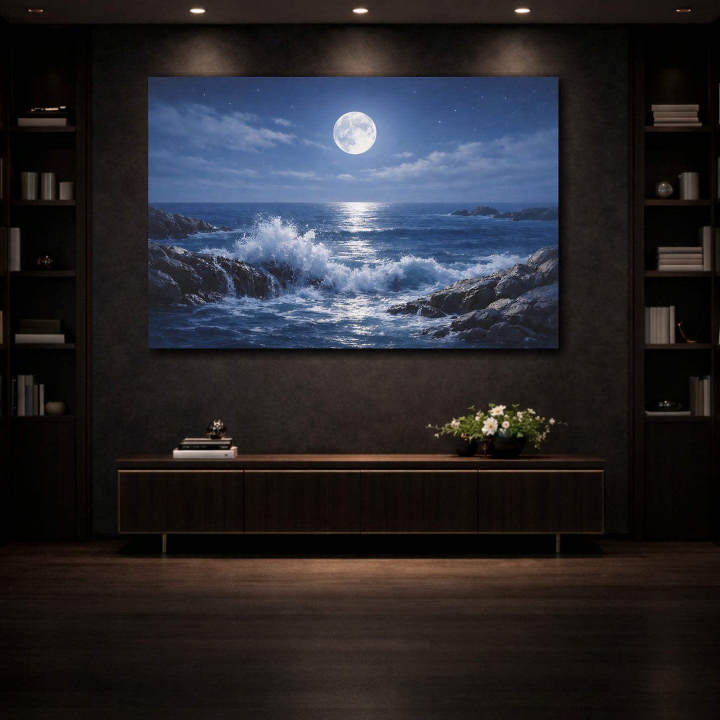 Mockup 3. Nature Moonlit Ocean Blue Ocean Moon shown as stretched canvas wall art