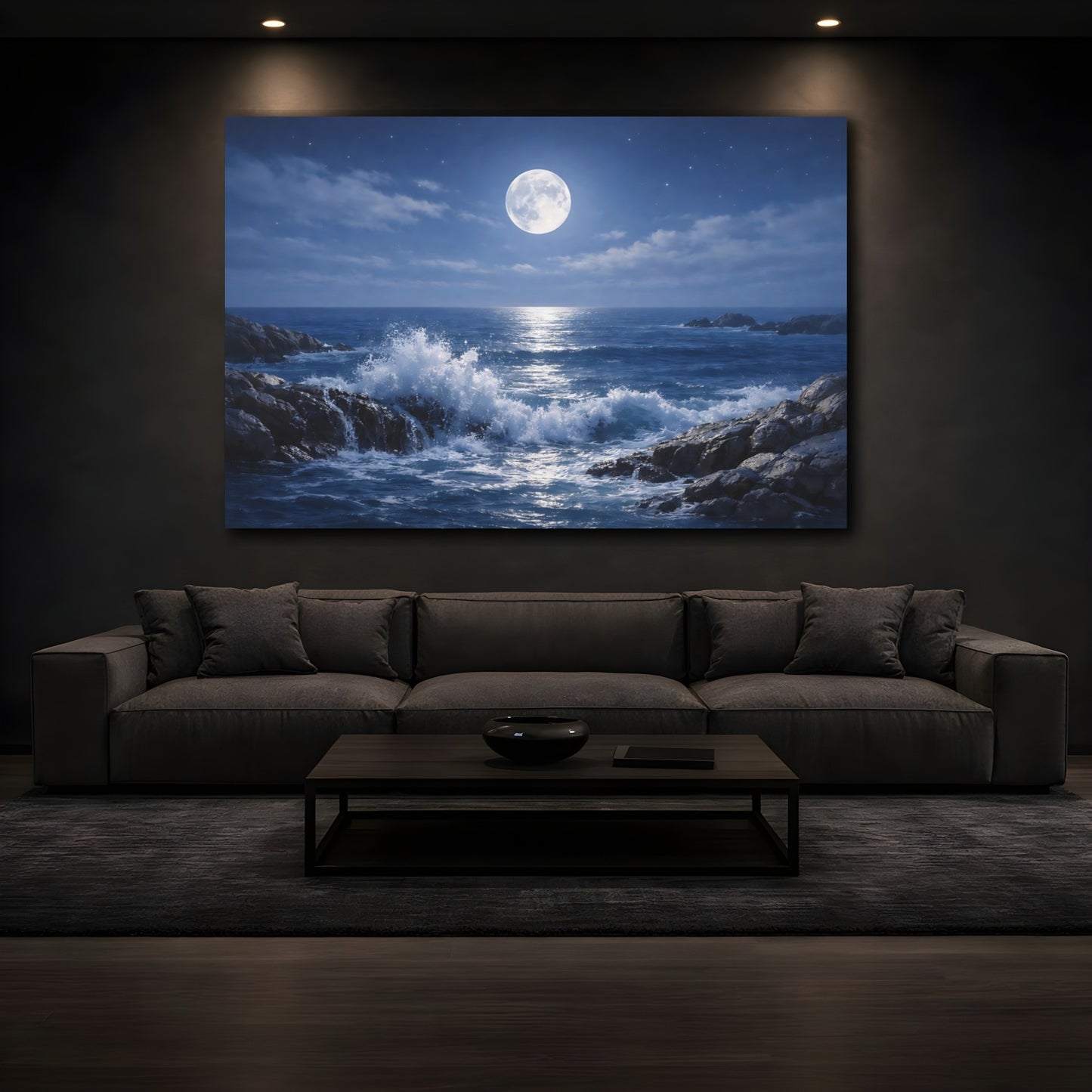 Mockup 4. Nature Moonlit Ocean Blue Ocean Moon shown as stretched canvas wall art