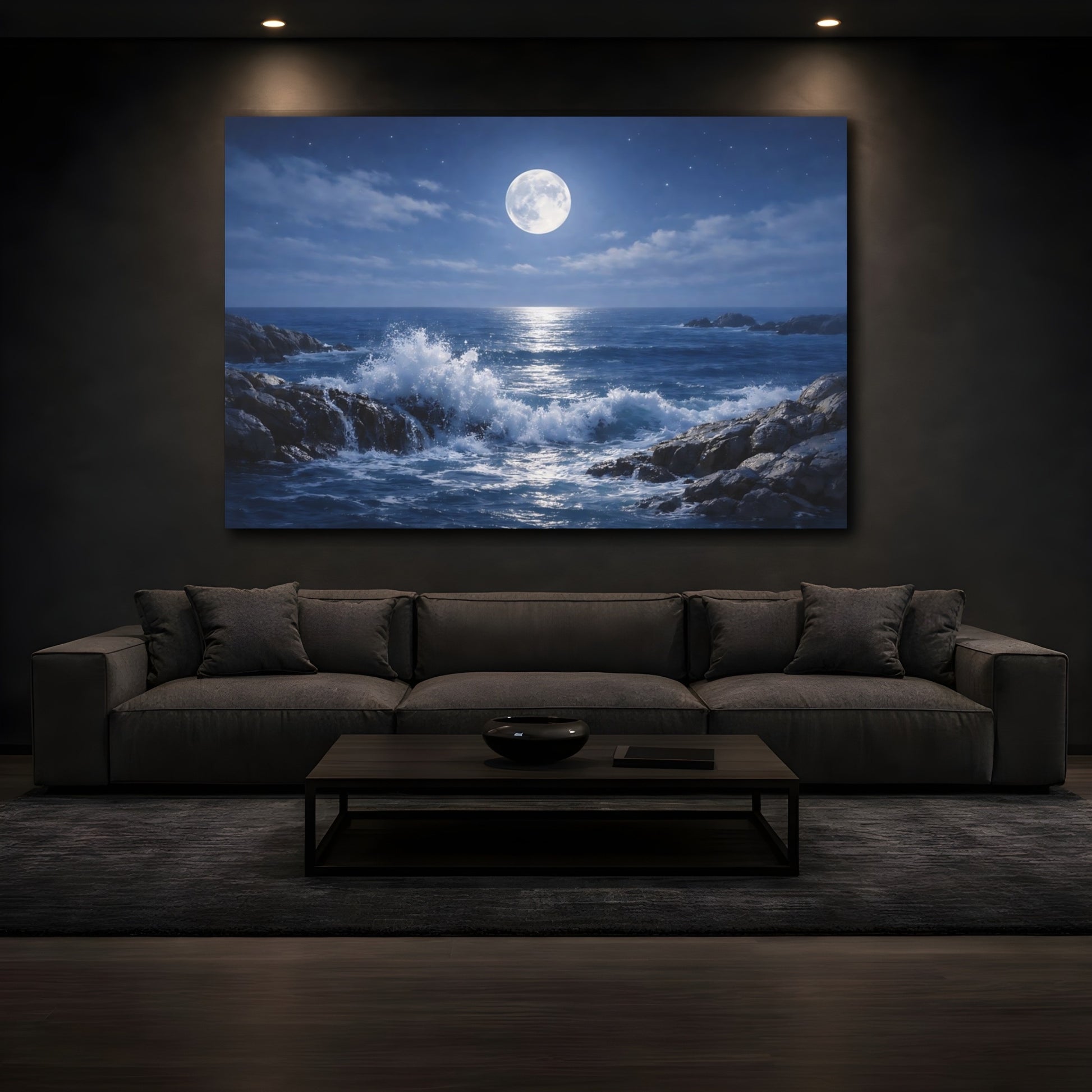 Mockup 4. Nature Moonlit Ocean Blue Ocean Moon shown as stretched canvas wall art