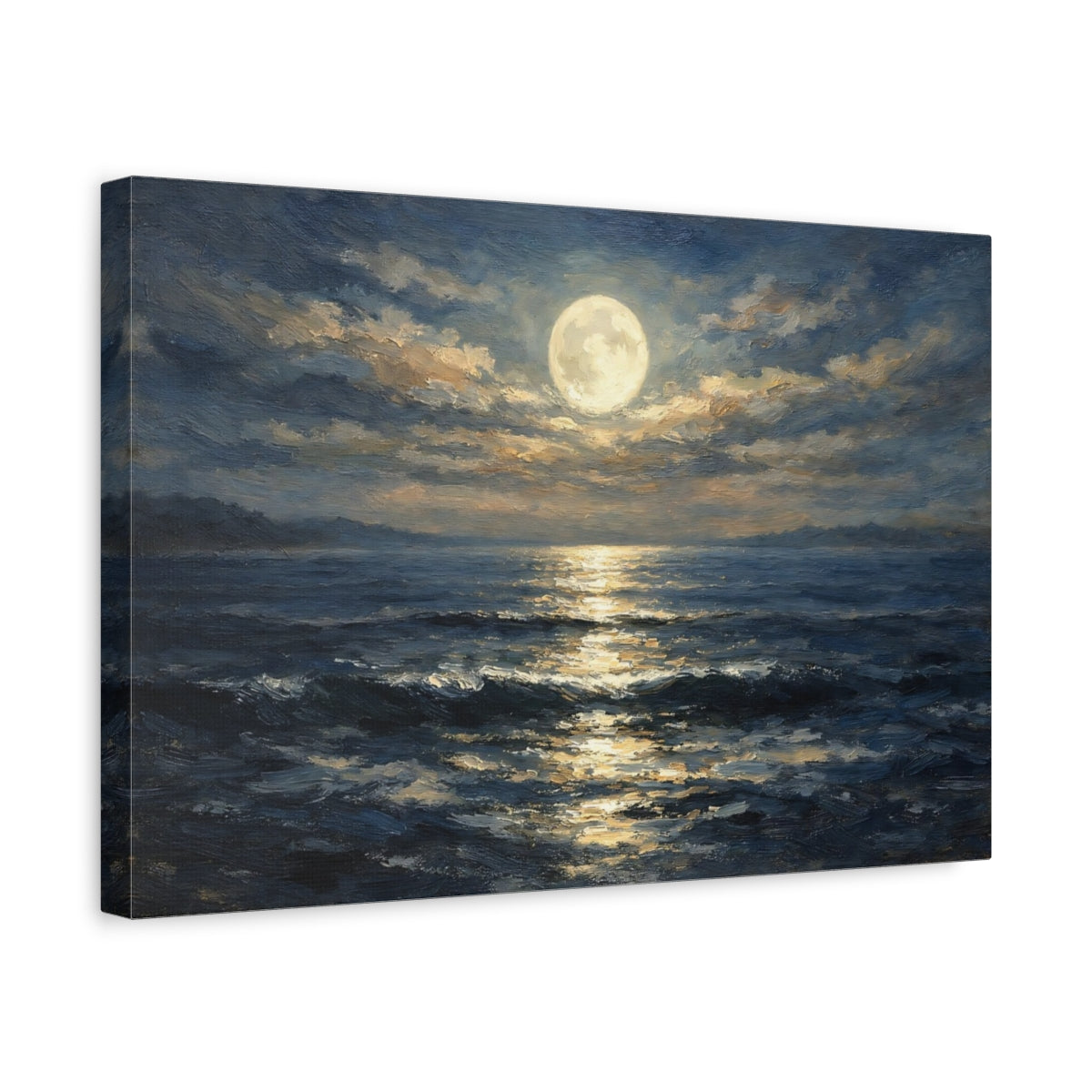 Side Mockup 4. Nature Moonlit Ocean Moonlit Ocean shown as stretched canvas wall art