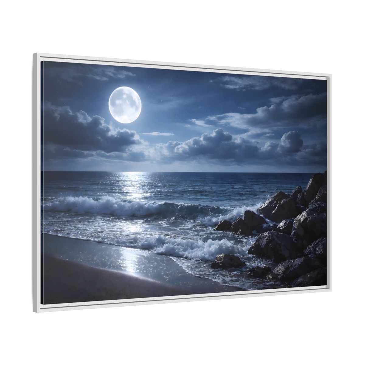 Side Mockup 7. Nature Moonlit Ocean Moonlit Ocean shown as stretched canvas wall art
