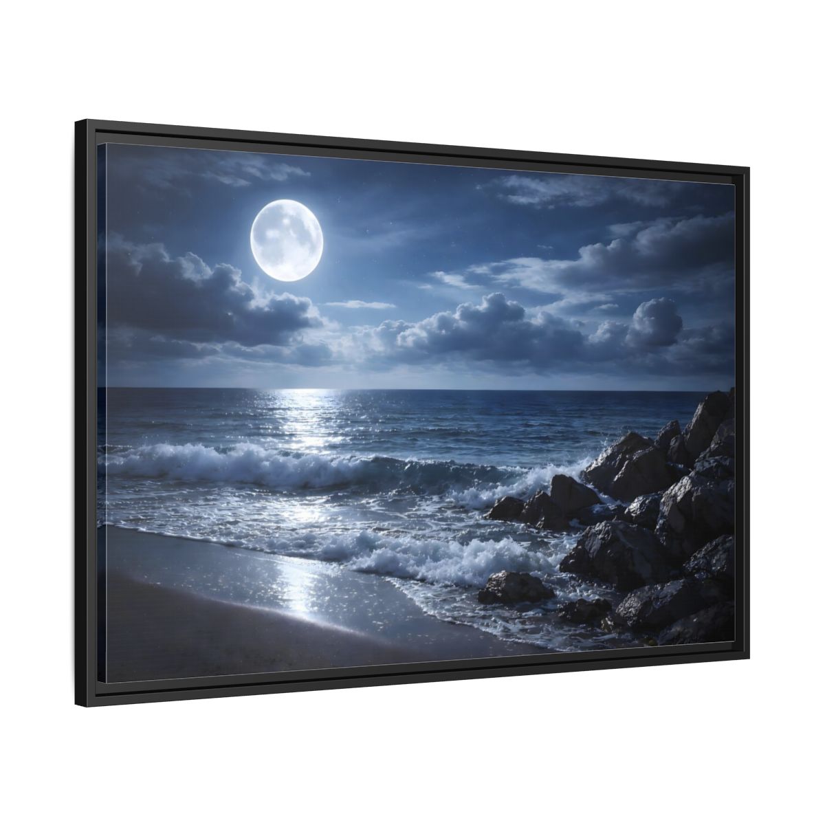 Side Mockup 13. Nature Moonlit Ocean Moonlit Ocean shown as stretched canvas wall art