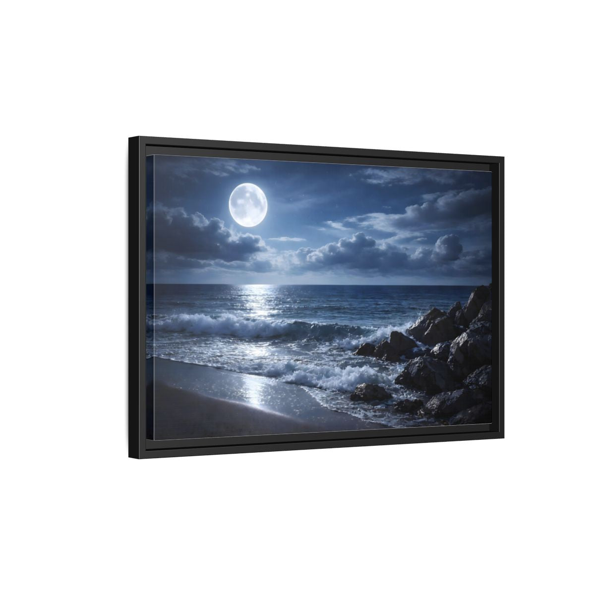 Side Mockup 3. Nature Moonlit Ocean Moonlit Ocean shown as stretched canvas wall art