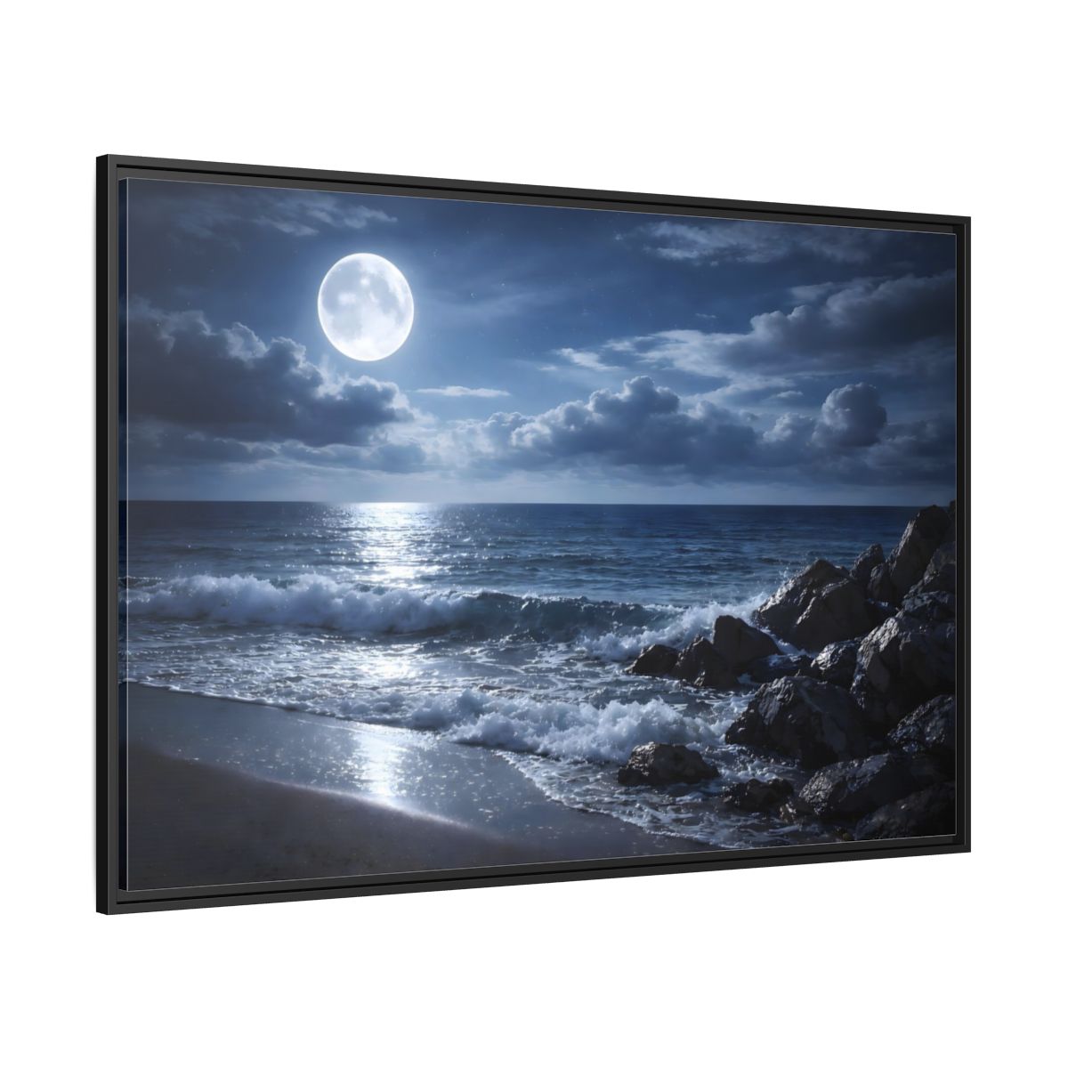Side Mockup 12. Nature Moonlit Ocean Moonlit Ocean shown as stretched canvas wall art