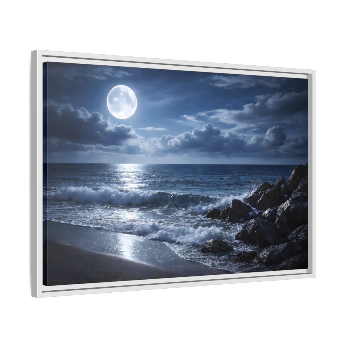 Side Mockup 10. Nature Moonlit Ocean Moonlit Ocean shown as stretched canvas wall art