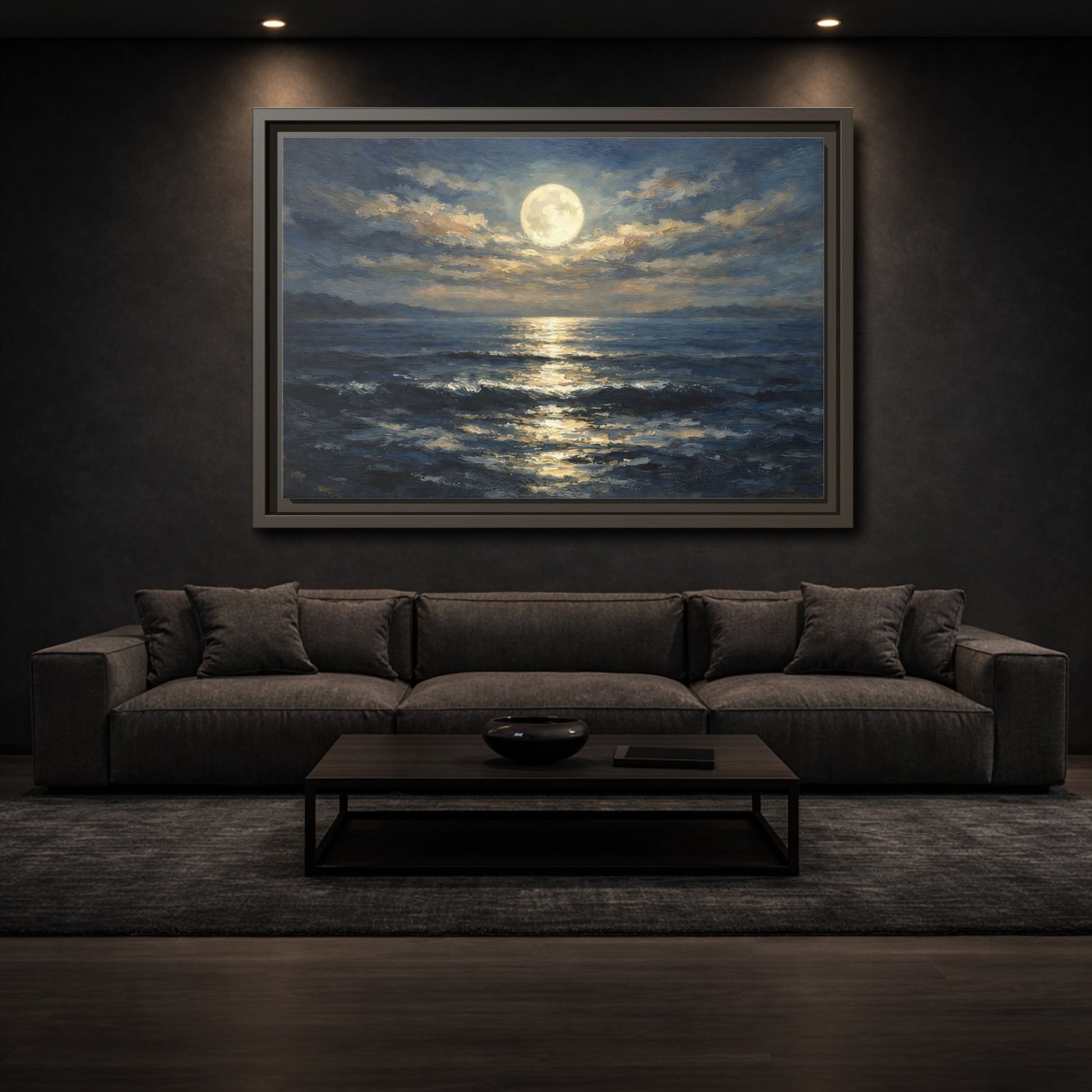 Mockup 2. Nature Moonlit Ocean Moonlit Ocean Blue shown as stretched canvas wall art