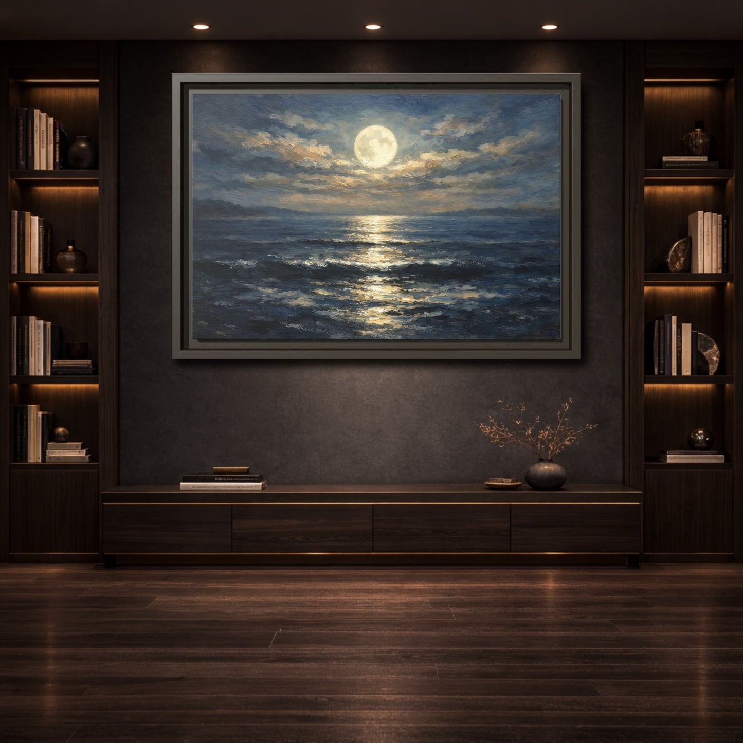 Mockup 3. Nature Moonlit Ocean Moonlit Ocean Blue shown as stretched canvas wall art