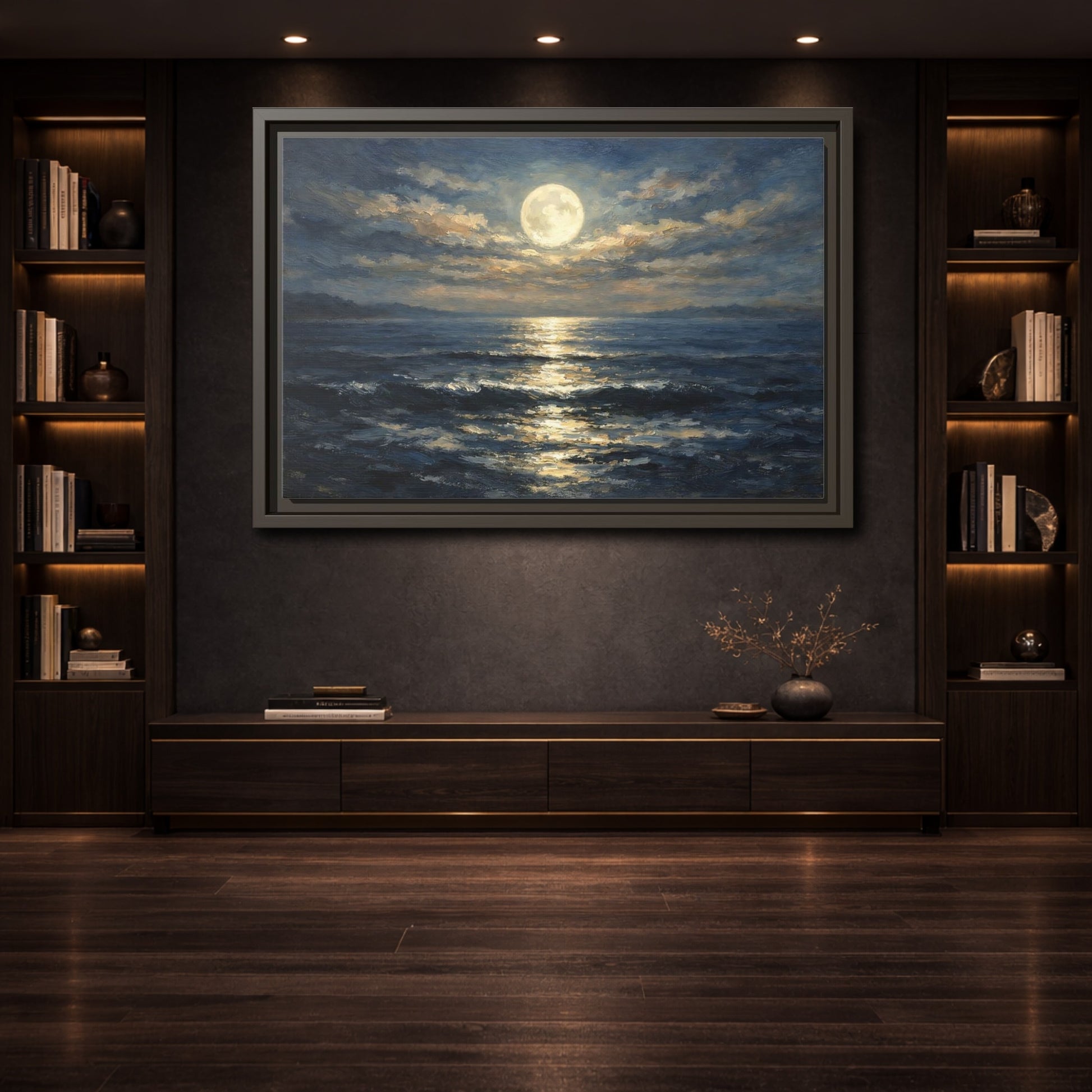 Mockup 3. Nature Moonlit Ocean Moonlit Ocean Blue shown as stretched canvas wall art