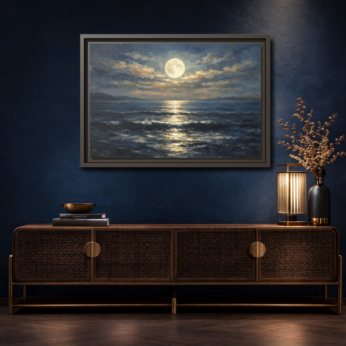 Mockup 4. Nature Moonlit Ocean Moonlit Ocean Blue shown as stretched canvas wall art