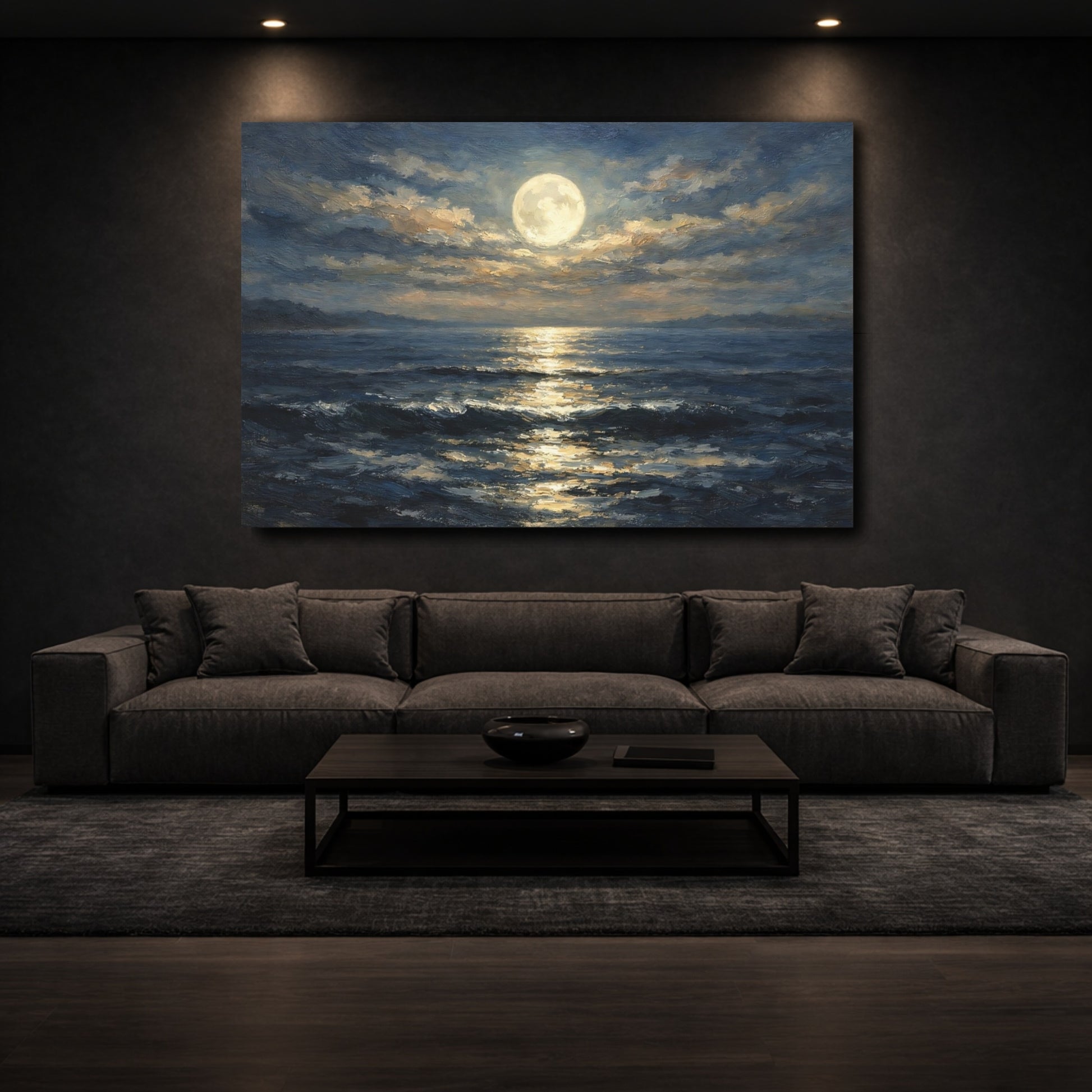 Mockup 2. Nature Moonlit Ocean Moonlit Ocean shown as stretched canvas wall art
