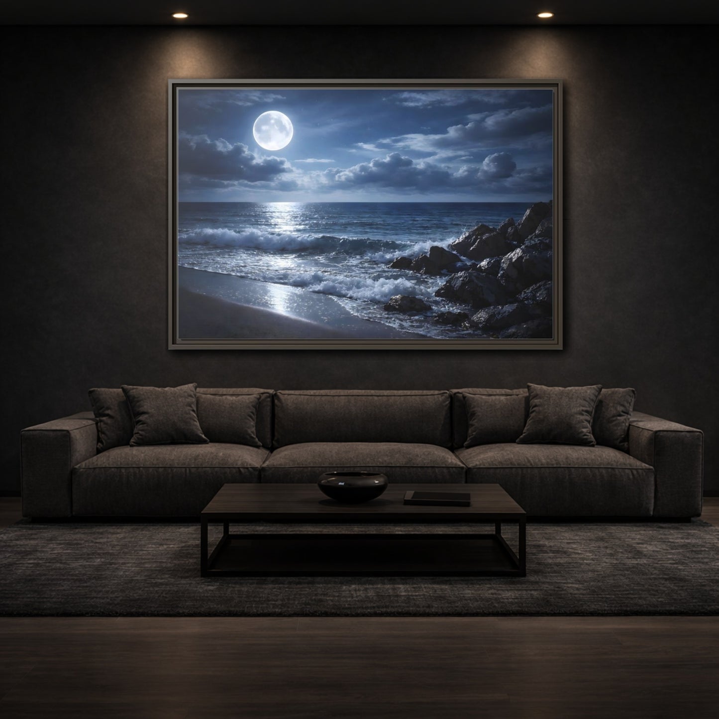 Mockup 2. Nature Moonlit Ocean Moonlit Ocean shown as stretched canvas wall art