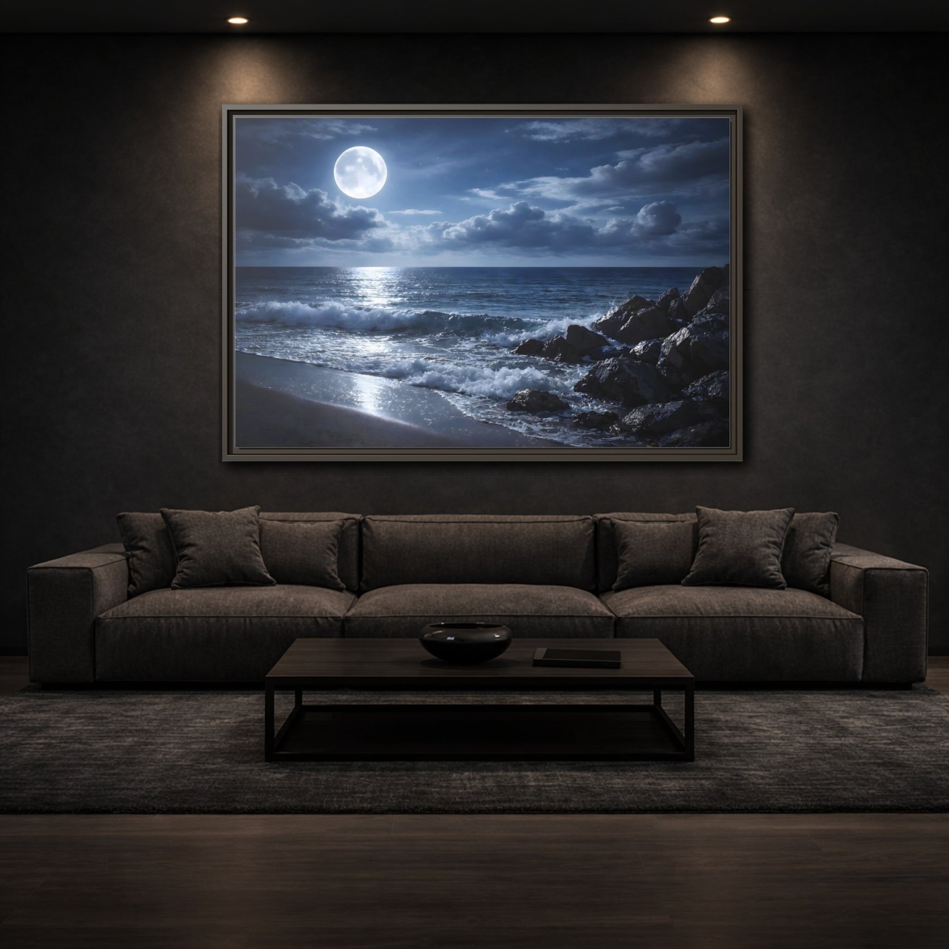Mockup 2. Nature Moonlit Ocean Moonlit Ocean shown as stretched canvas wall art