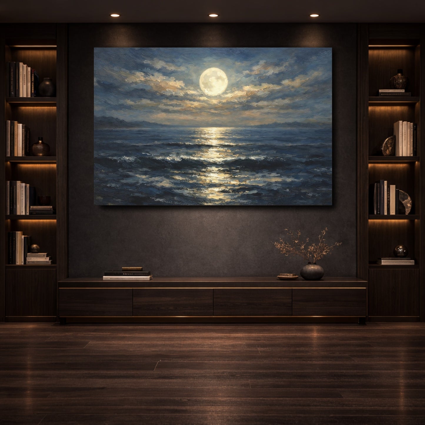 Mockup 3. Nature Moonlit Ocean Moonlit Ocean shown as stretched canvas wall art