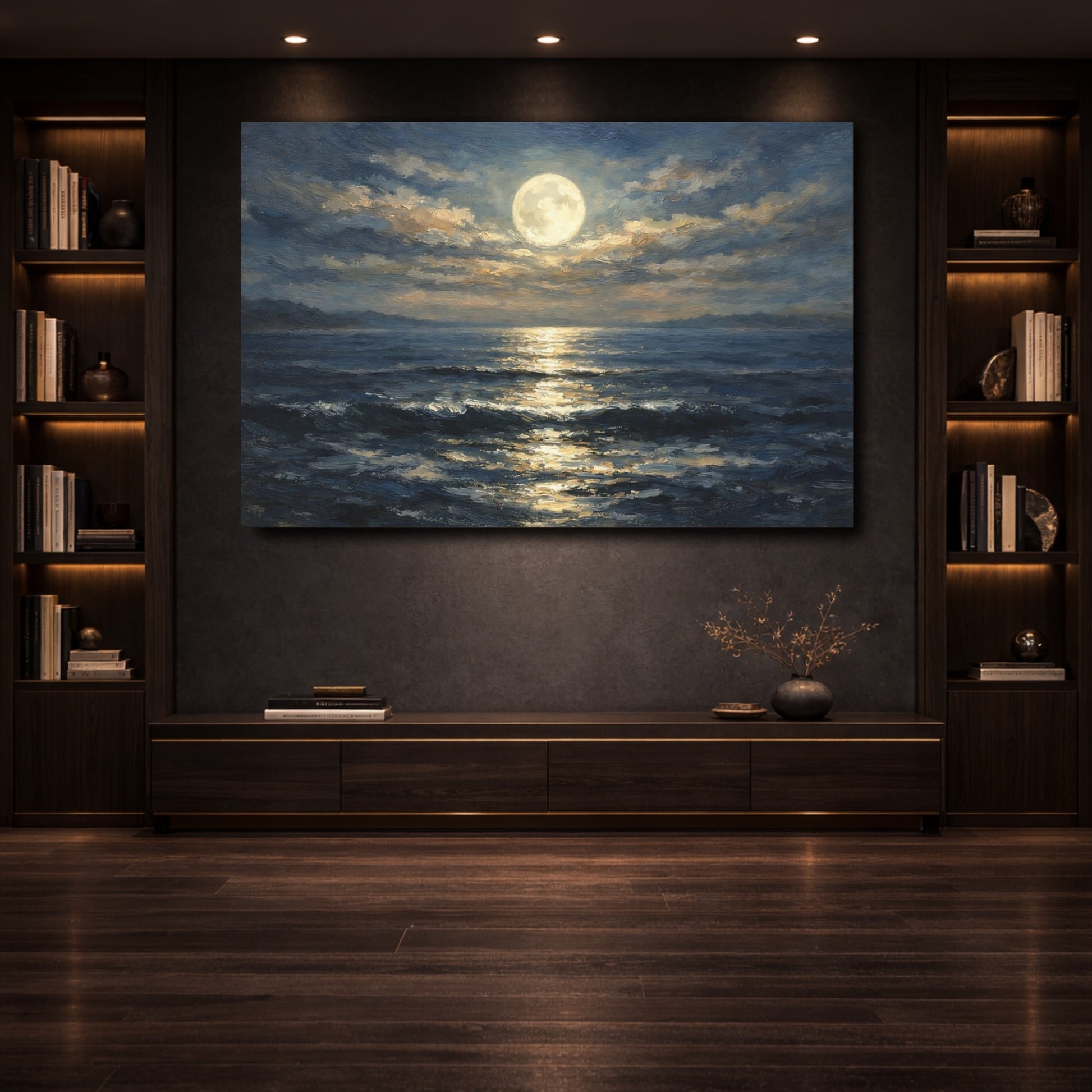 Mockup 3. Nature Moonlit Ocean Moonlit Ocean shown as stretched canvas wall art