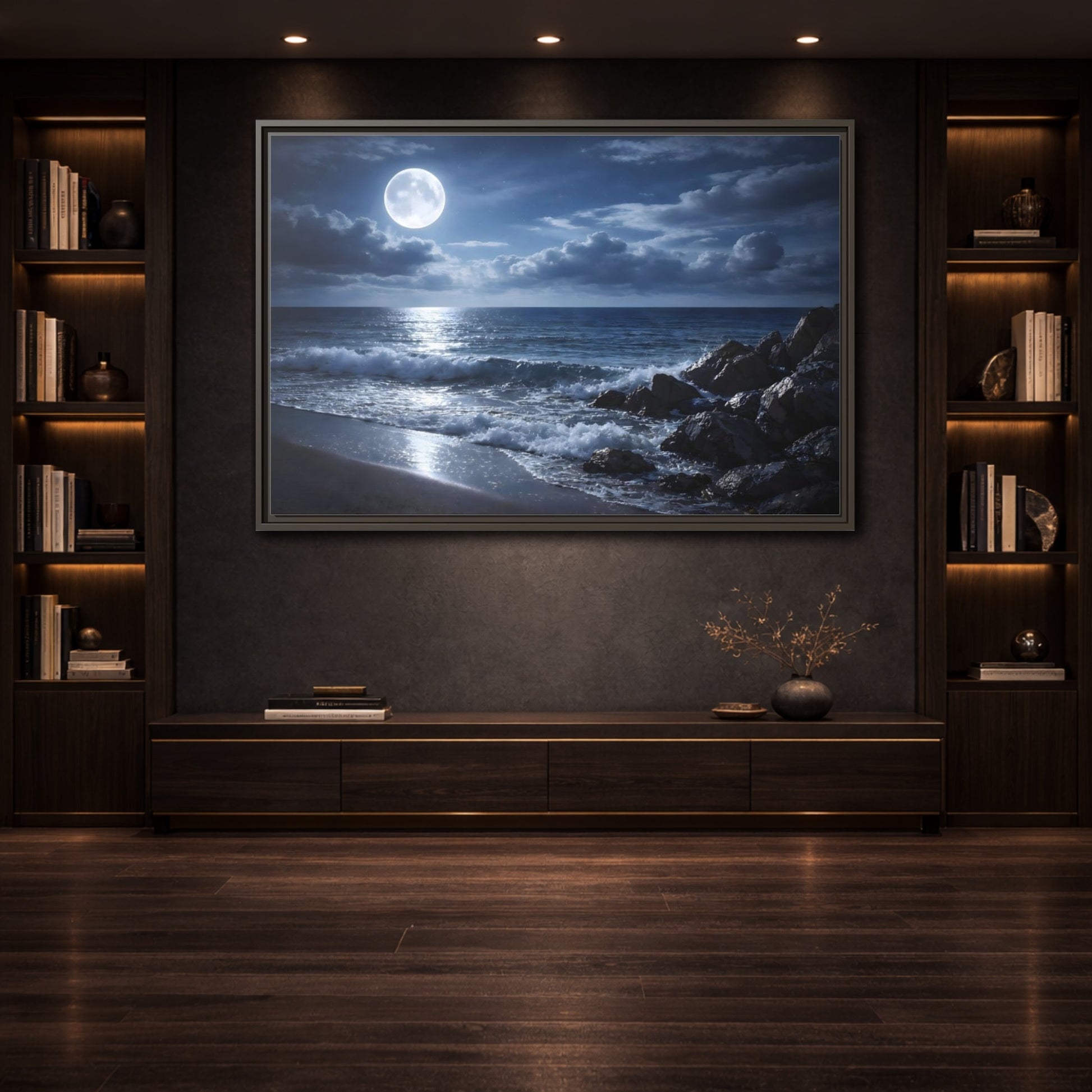 Mockup 3. Nature Moonlit Ocean Moonlit Ocean shown as stretched canvas wall art