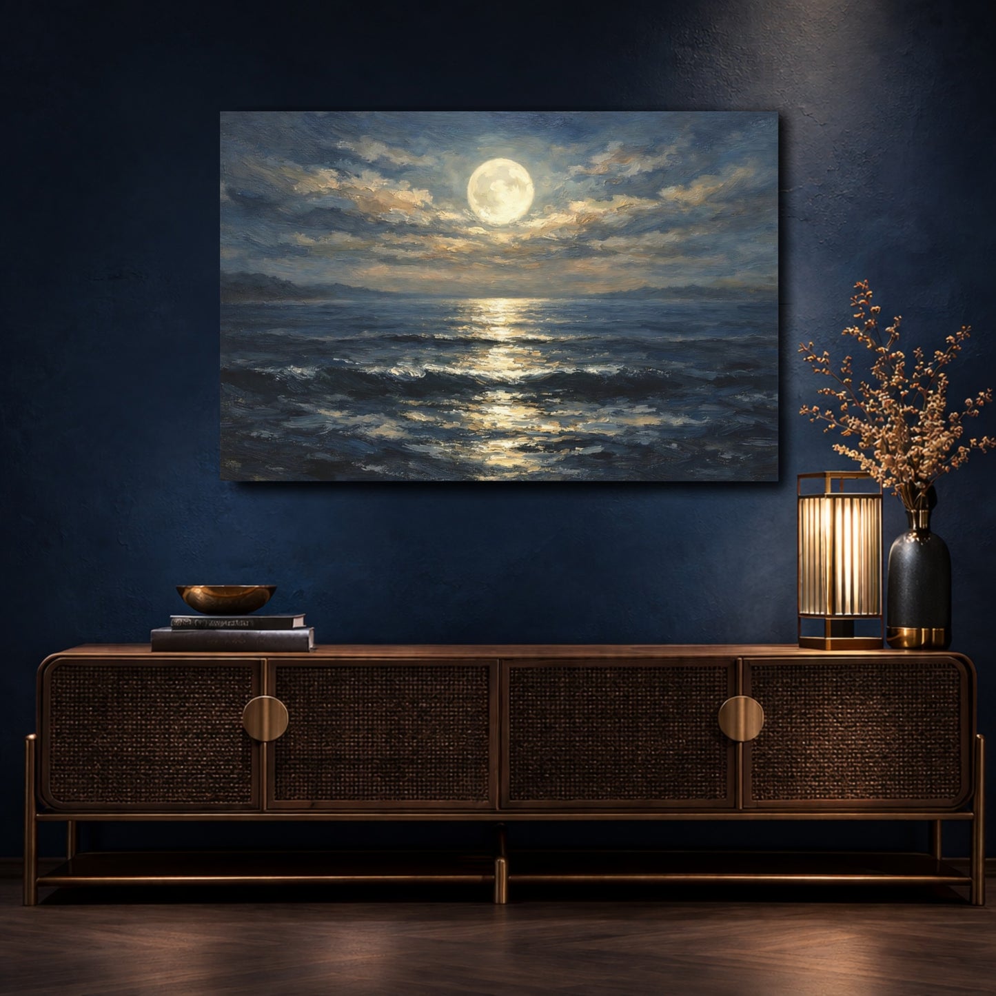 Mockup 4. Nature Moonlit Ocean Moonlit Ocean shown as stretched canvas wall art