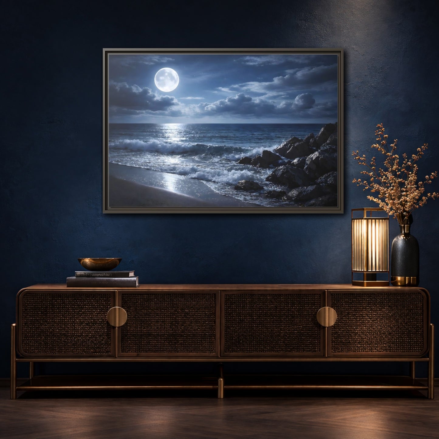 Mockup 4. Nature Moonlit Ocean Moonlit Ocean shown as stretched canvas wall art