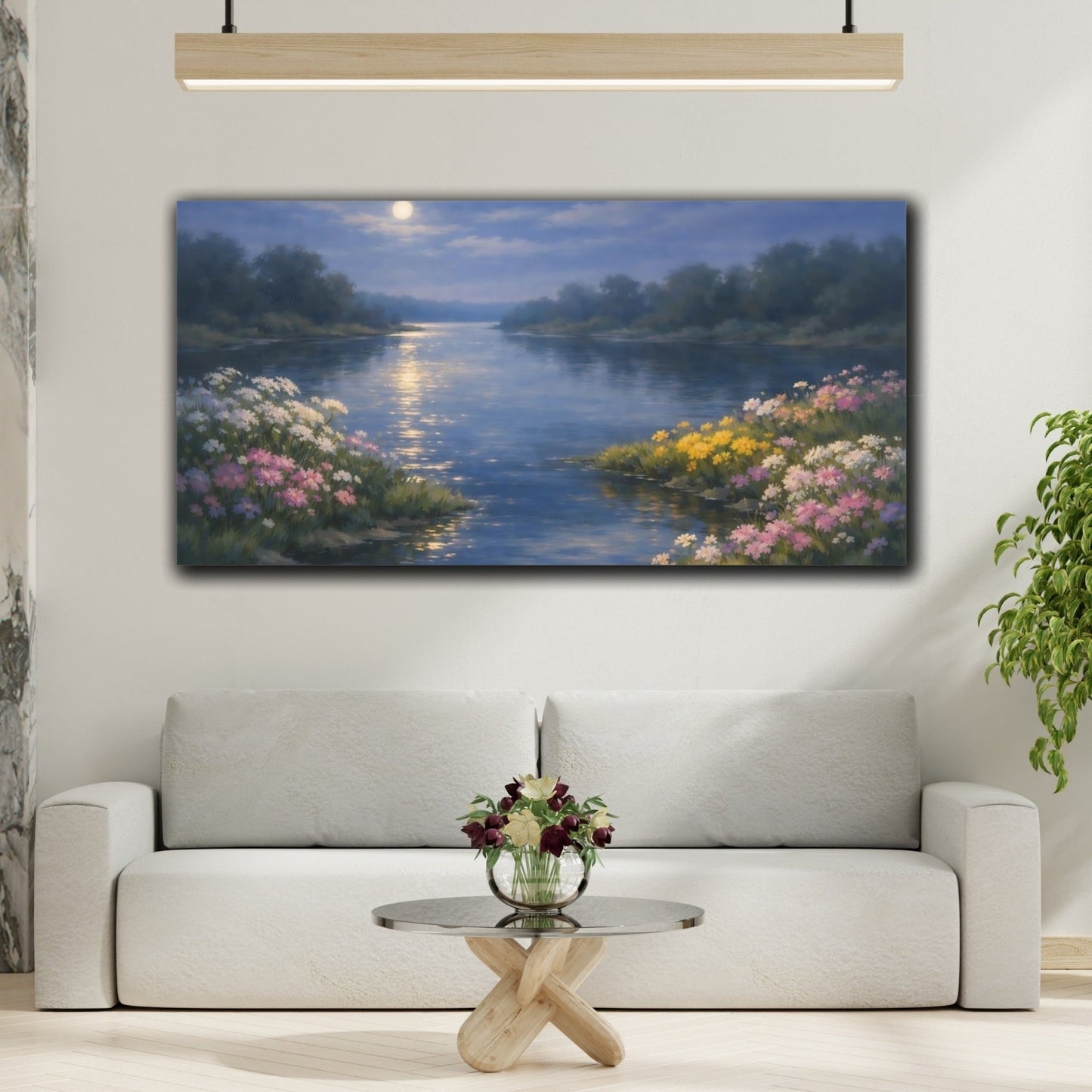 Nature Moonlit River Blue - Canvas Wall Art Print - YesArtYes