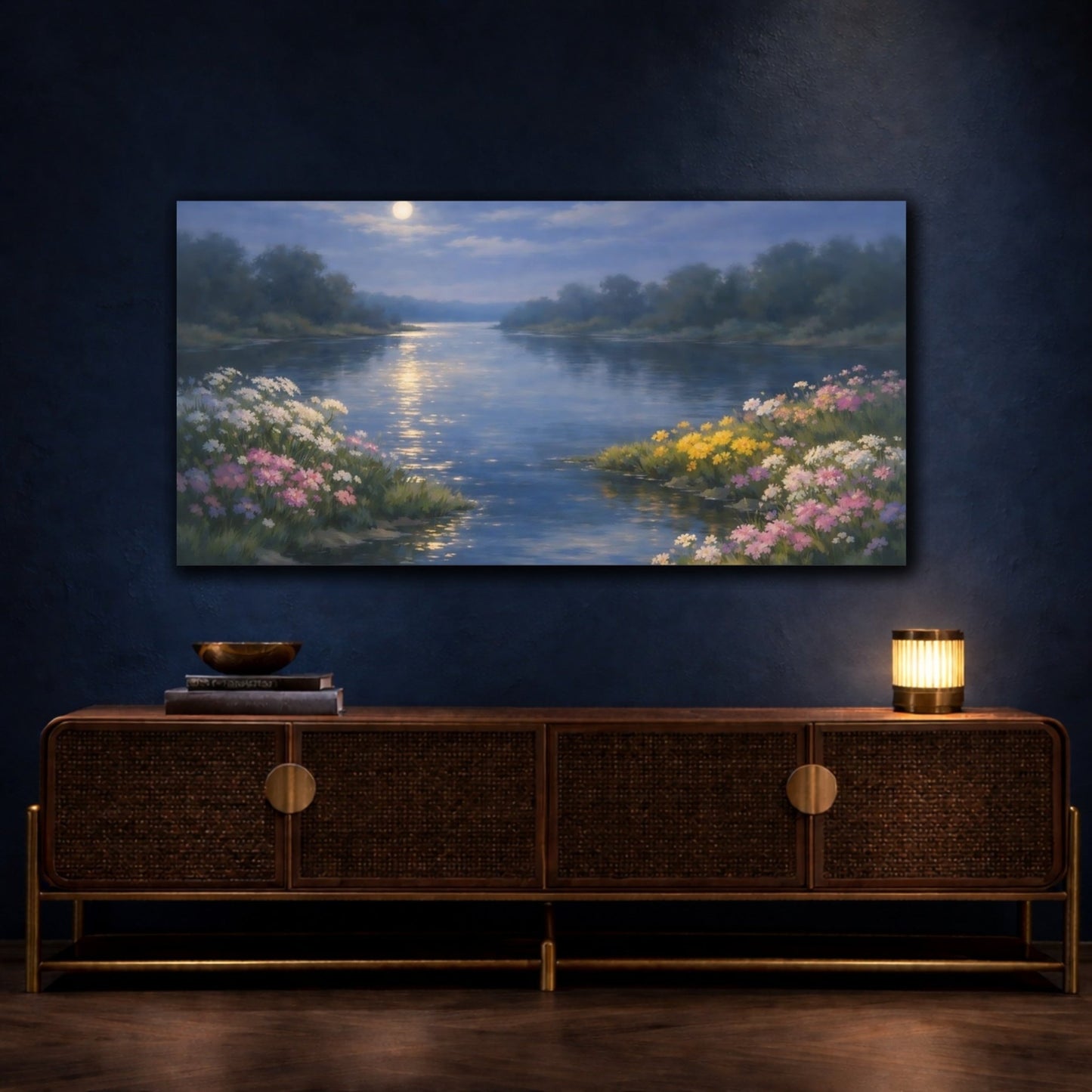 Nature Moonlit River Blue - Canvas Wall Art Print - YesArtYes