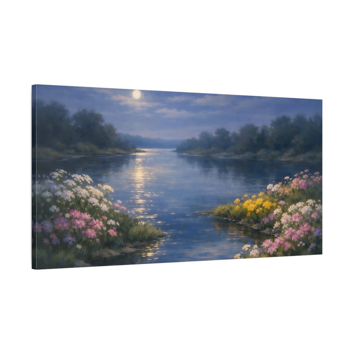 Nature Moonlit River Blue - Canvas Wall Art Print - YesArtYes