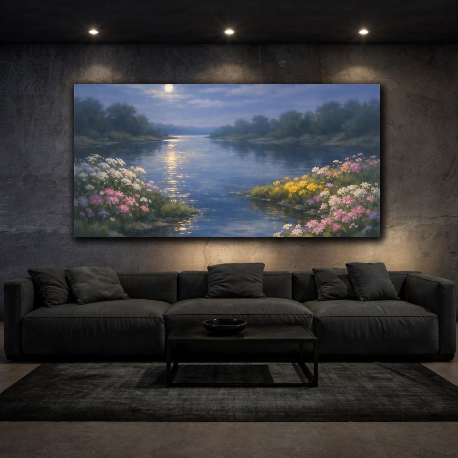 Nature Moonlit River Blue - Canvas Wall Art Print - YesArtYes