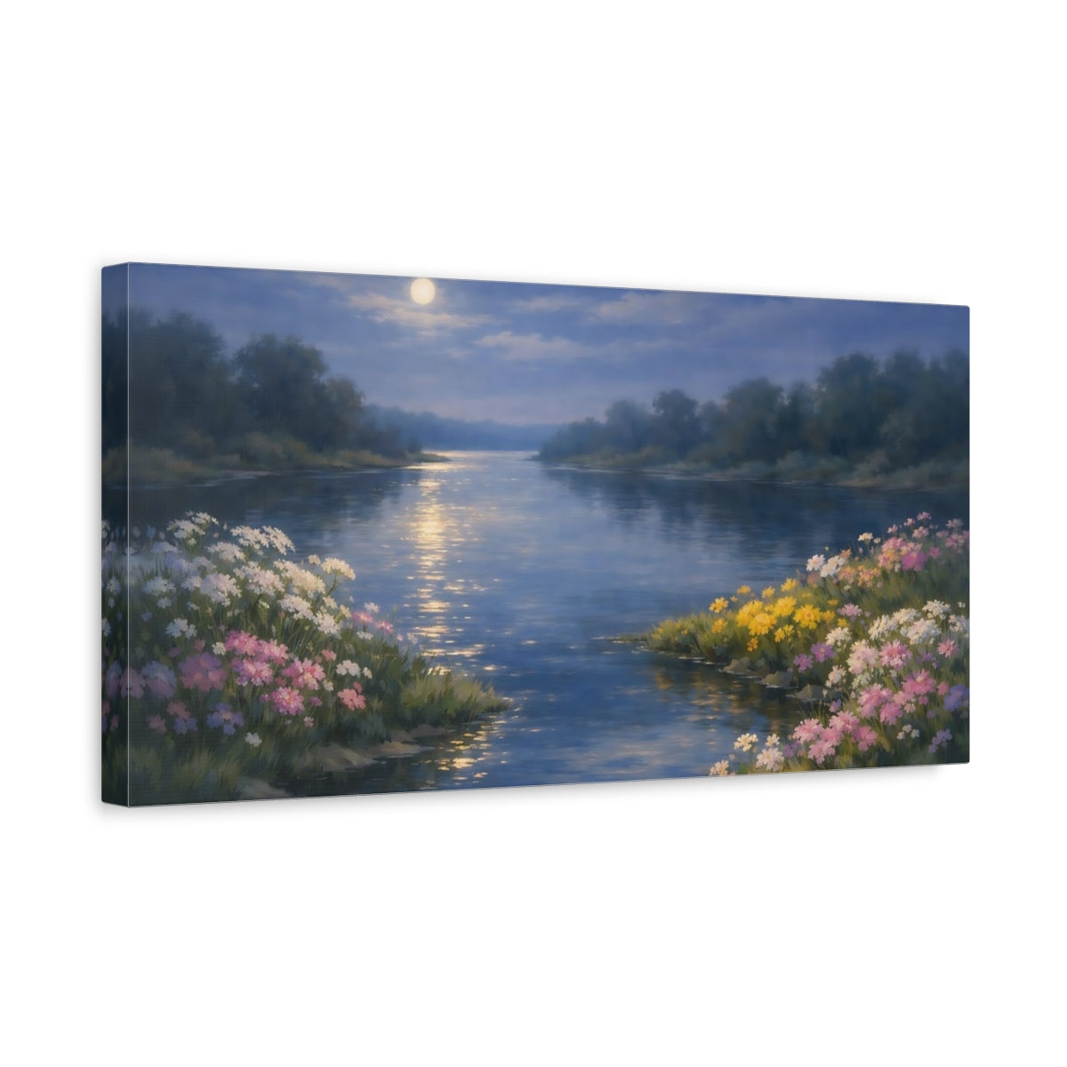 Side Mockup 3. Nature Moonlit River Blue Moonlit River shown as stretched canvas wall art