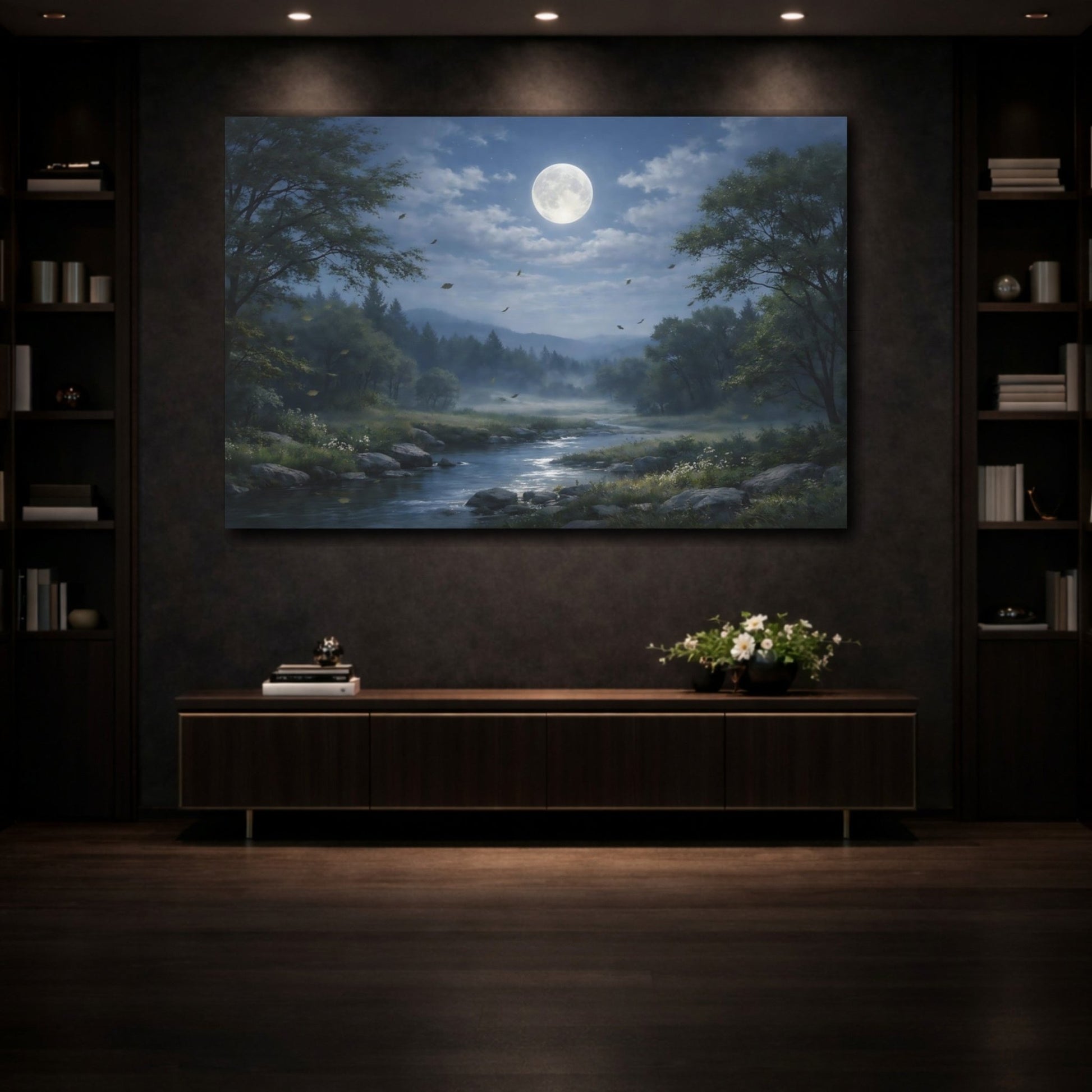 Nature Moonlit River Landscape - Canvas Wall Art Print - YesArtYes