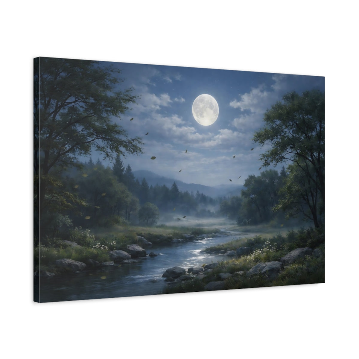 Side Mockup 2. Nature Moonlit River Moonlit Landscape shown as stretched canvas wall art