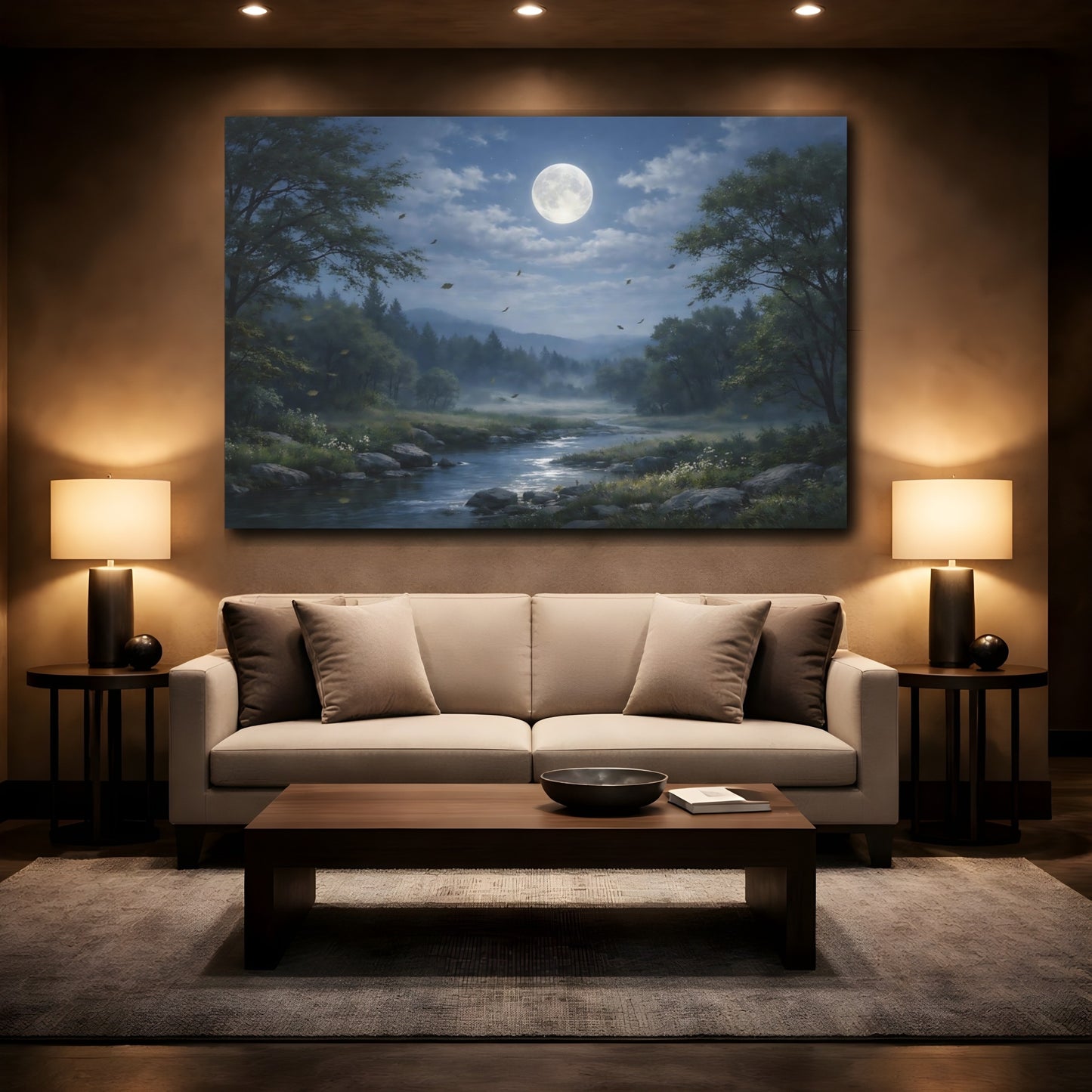 Mockup 3. Nature Moonlit River Moonlit Landscape shown as stretched canvas wall art