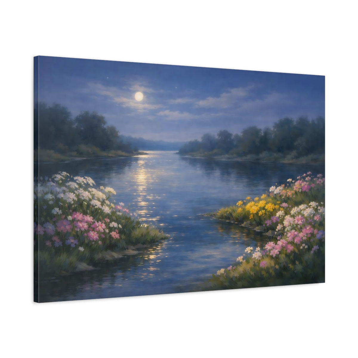 Main Mockup. Nature Moonlit River Moonlit River Scene shown as stretched canvas wall art