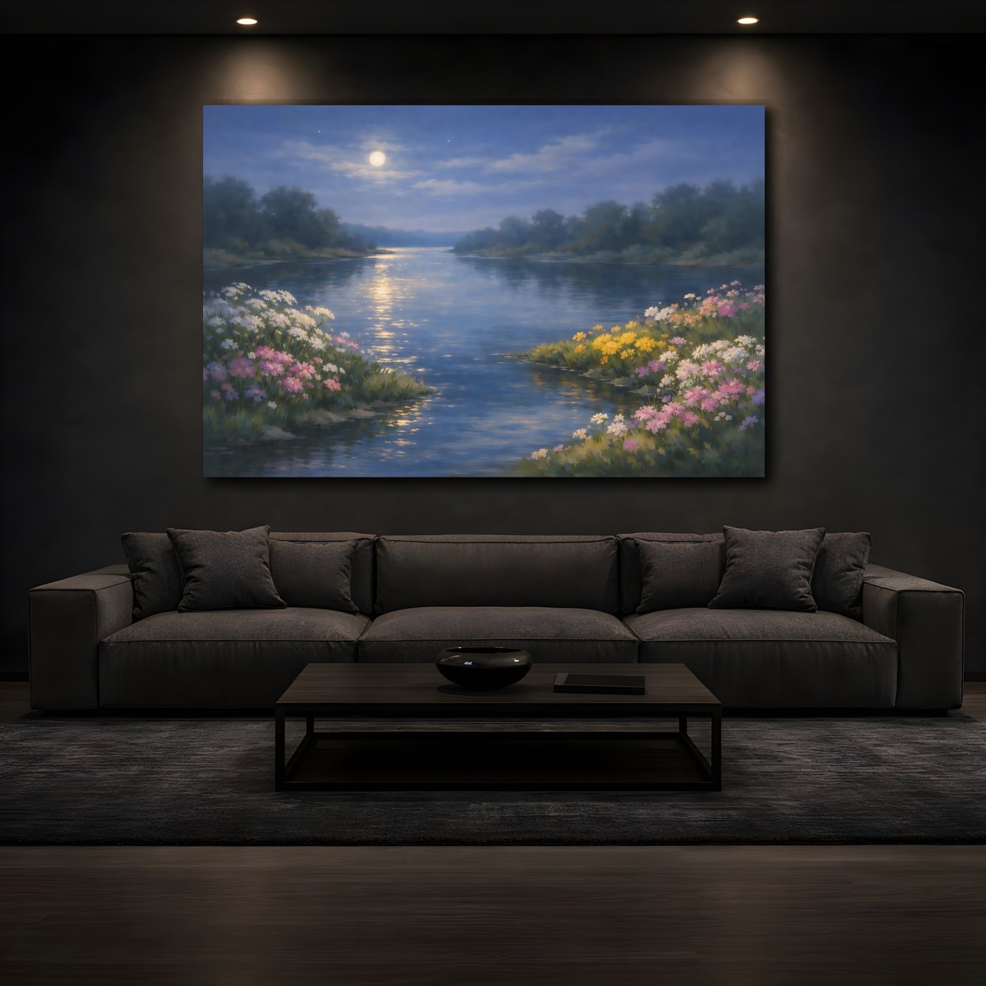 Mockup 2. Nature Moonlit River Moonlit River Scene shown as stretched canvas wall art