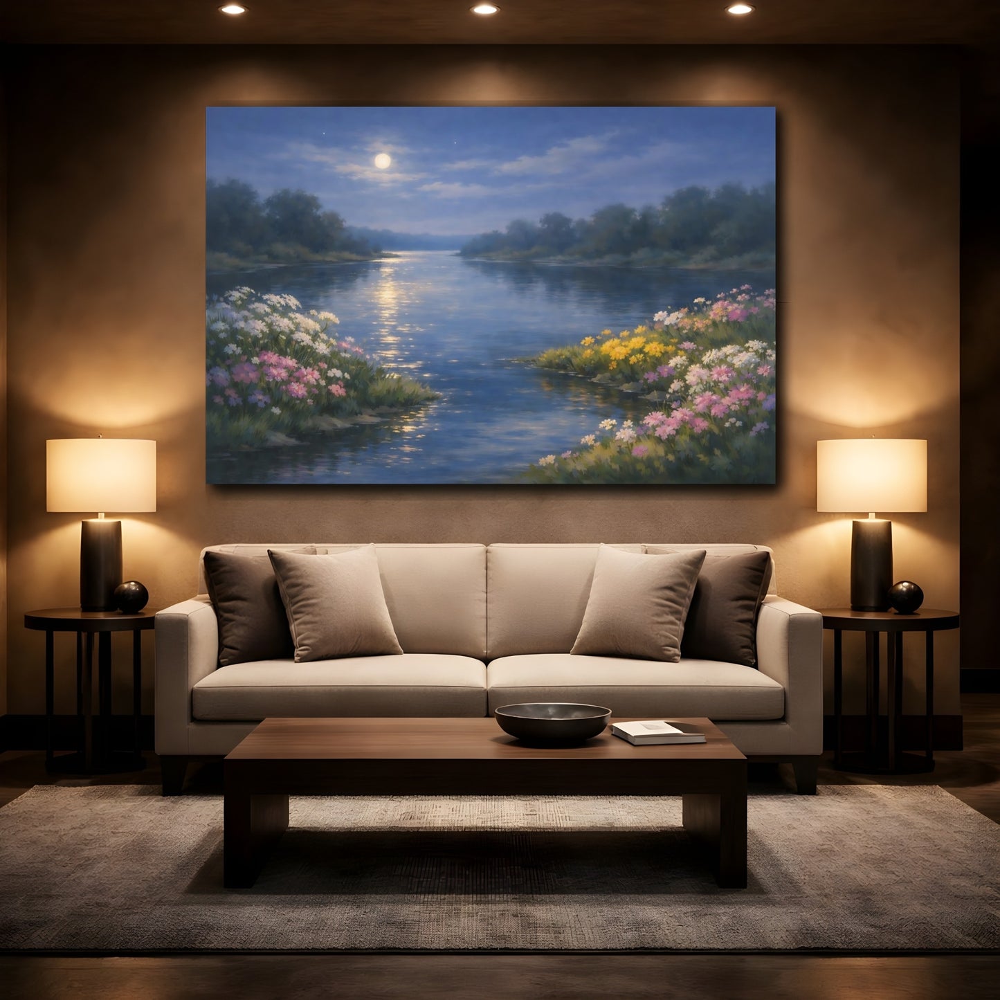 Mockup 3. Nature Moonlit River Moonlit River Scene shown as stretched canvas wall art