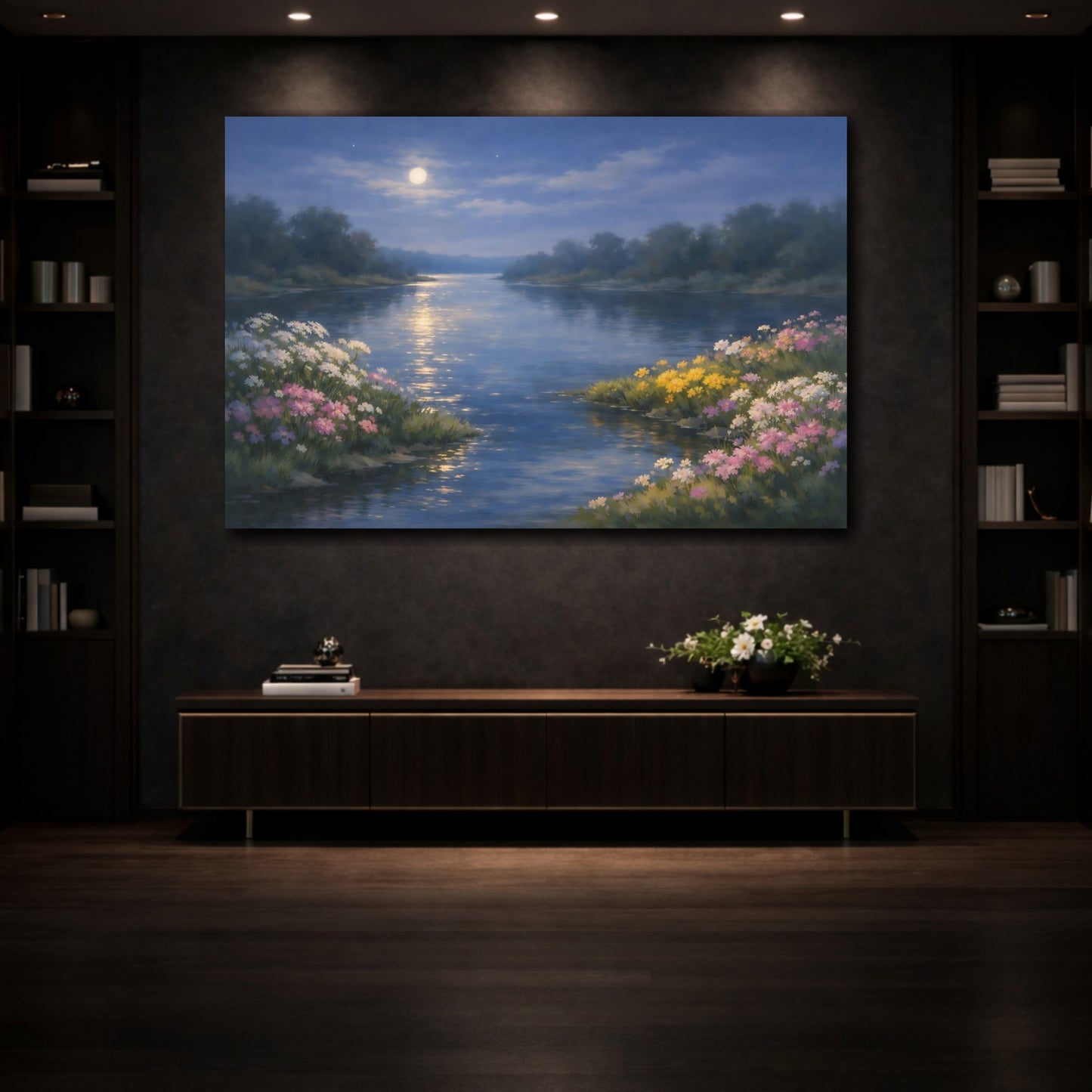 Mockup 4. Nature Moonlit River Moonlit River Scene shown as stretched canvas wall art
