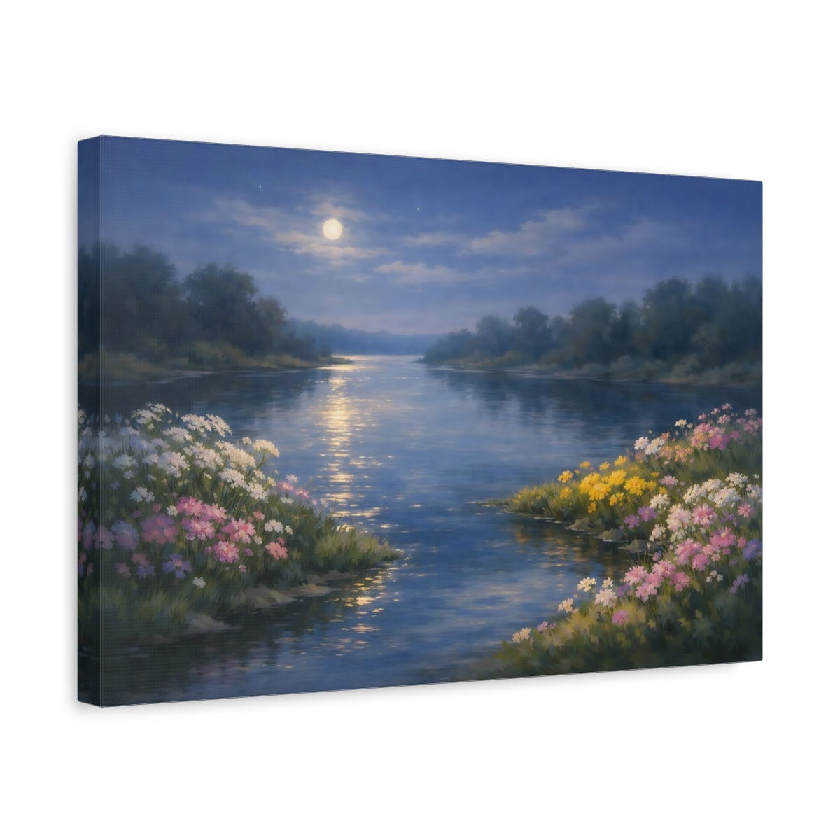 Side Mockup 4. Nature Moonlit River Moonlit River Scene shown as stretched canvas wall art